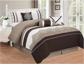 All American Collection New 7 Piece Embroidered Over-Sized Comforter Set (Queen, Brown/Beige)