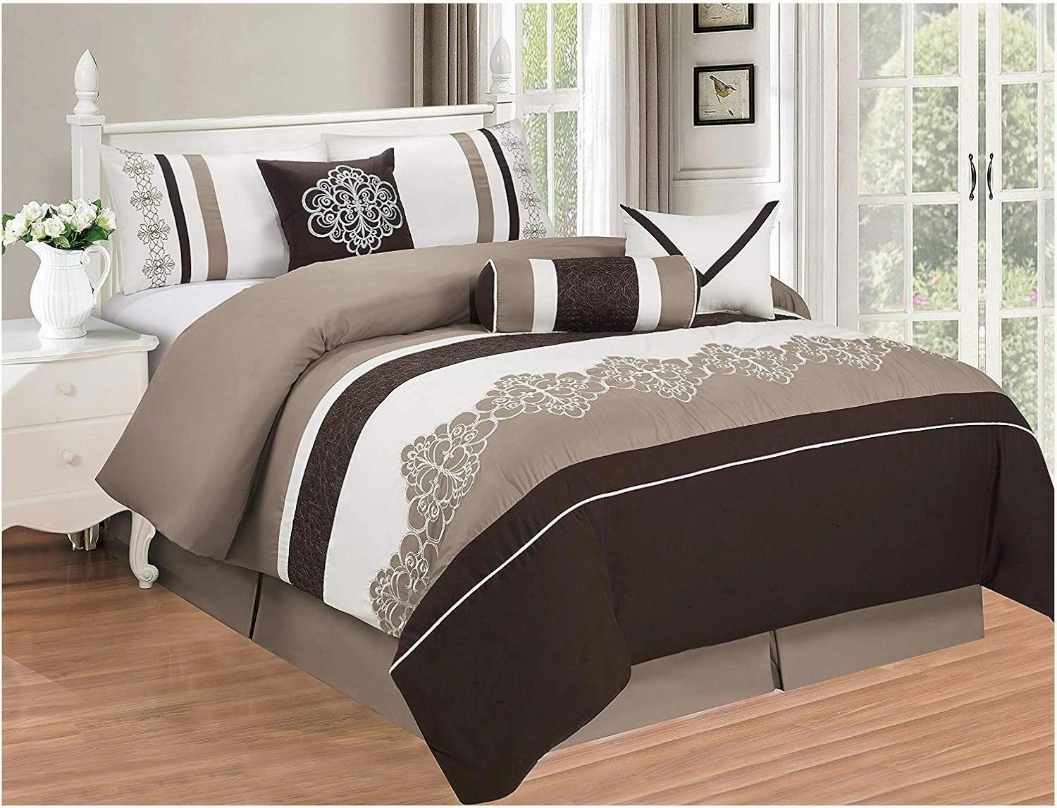 All American Collection New 7 Piece Embroidered Over-Sized Comforter Set (Queen, Brown/Beige)