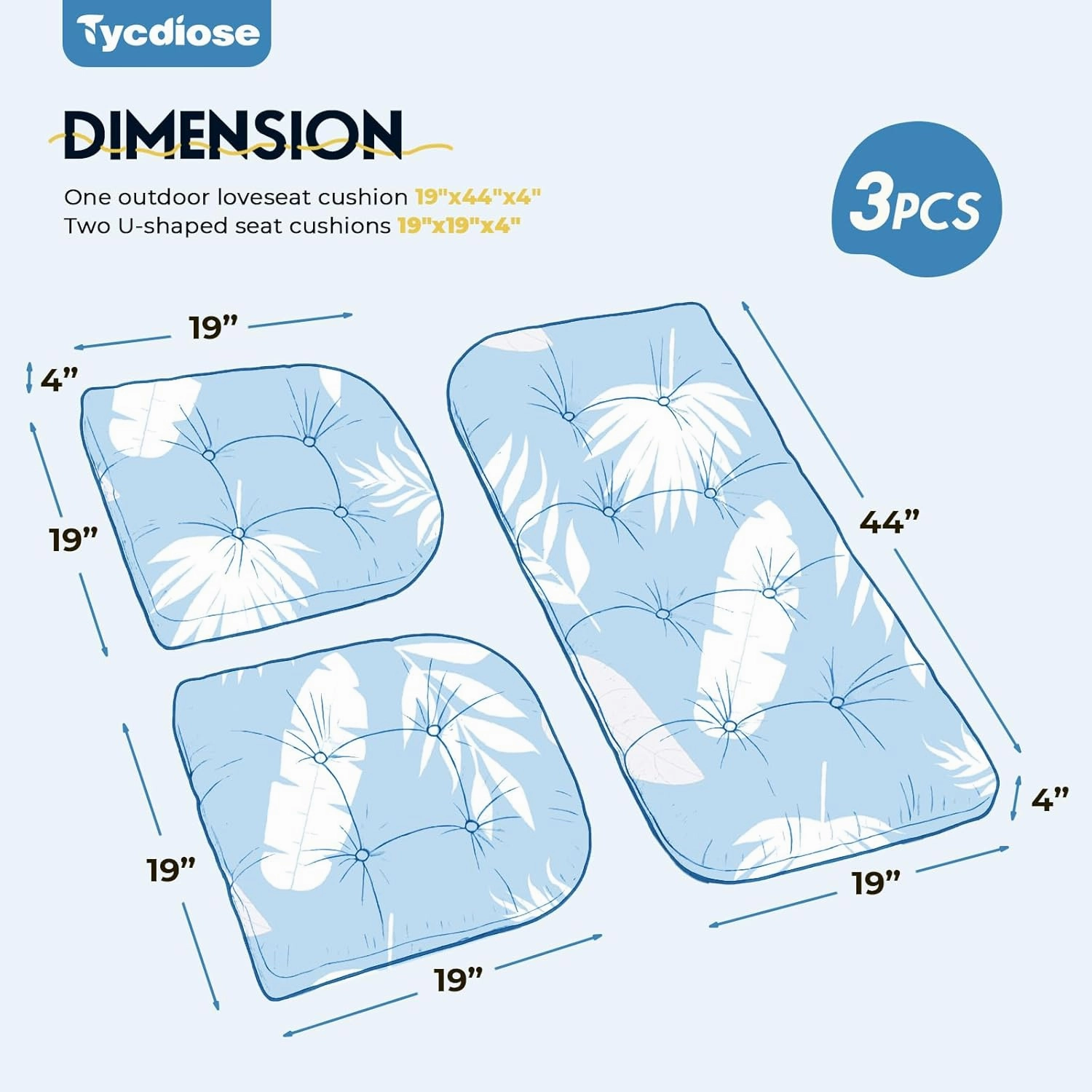 All Weather Wicker Chair Cushions of 3 Pieces, Waterproof Outdoor Wicker Chair Cushion for Patio Furniture Loveseat Settee Bench, 1 Loveseat and 2 U-Shaped Thickened Cushions, Blue Leaf