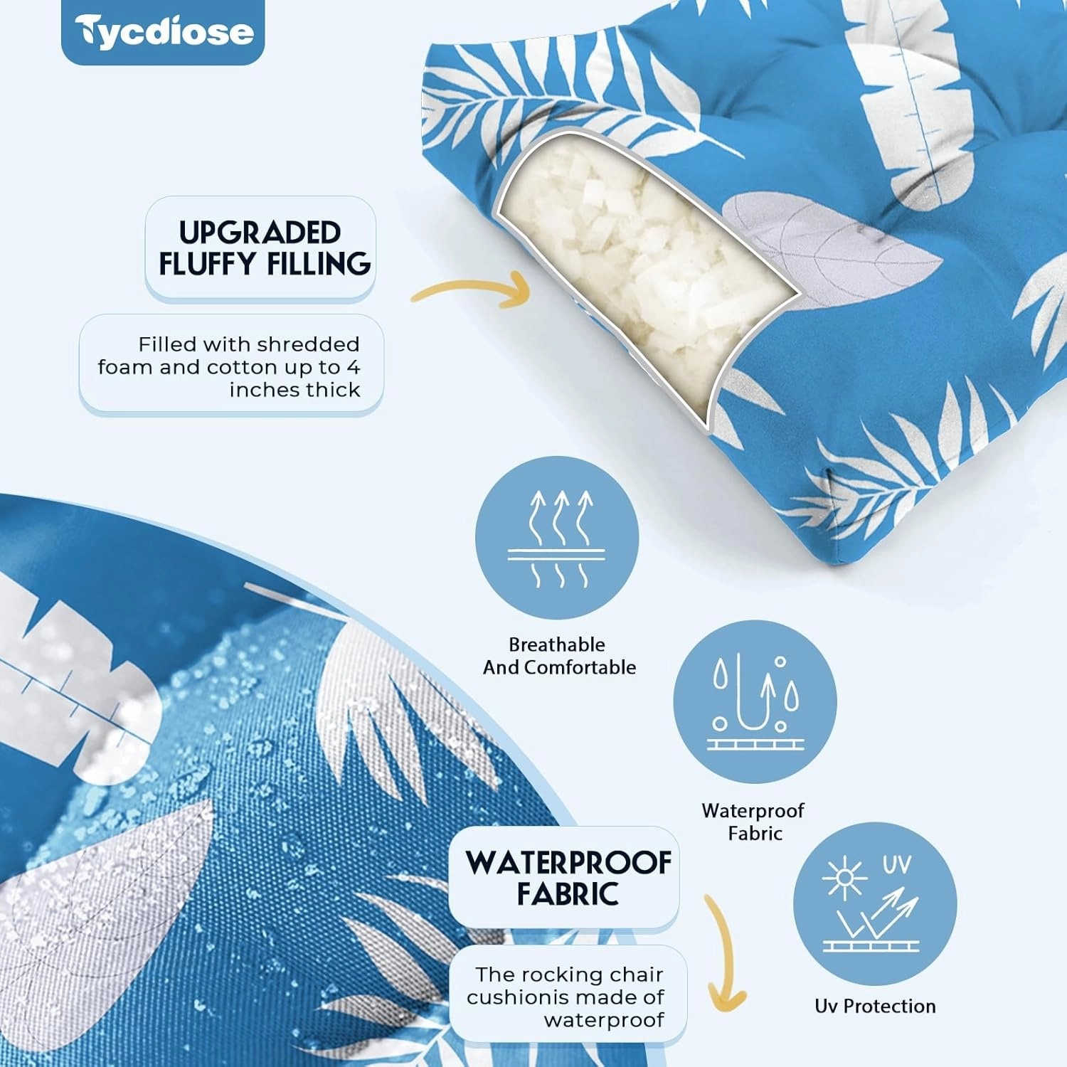 All Weather Wicker Chair Cushions of 3 Pieces, Waterproof Outdoor Wicker Chair Cushion for Patio Furniture Loveseat Settee Bench, 1 Loveseat and 2 U-Shaped Thickened Cushions, Blue Leaf