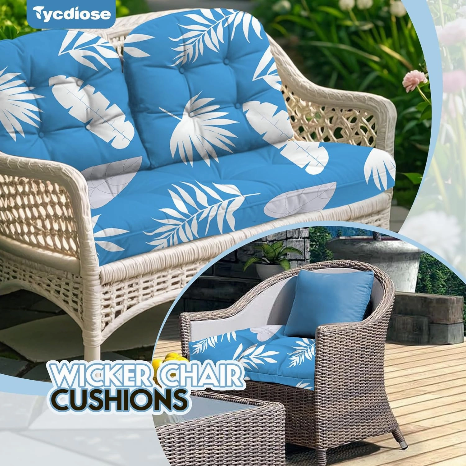 All Weather Wicker Chair Cushions of 3 Pieces, Waterproof Outdoor Wicker Chair Cushion for Patio Furniture Loveseat Settee Bench, 1 Loveseat and 2 U-Shaped Thickened Cushions, Blue Leaf