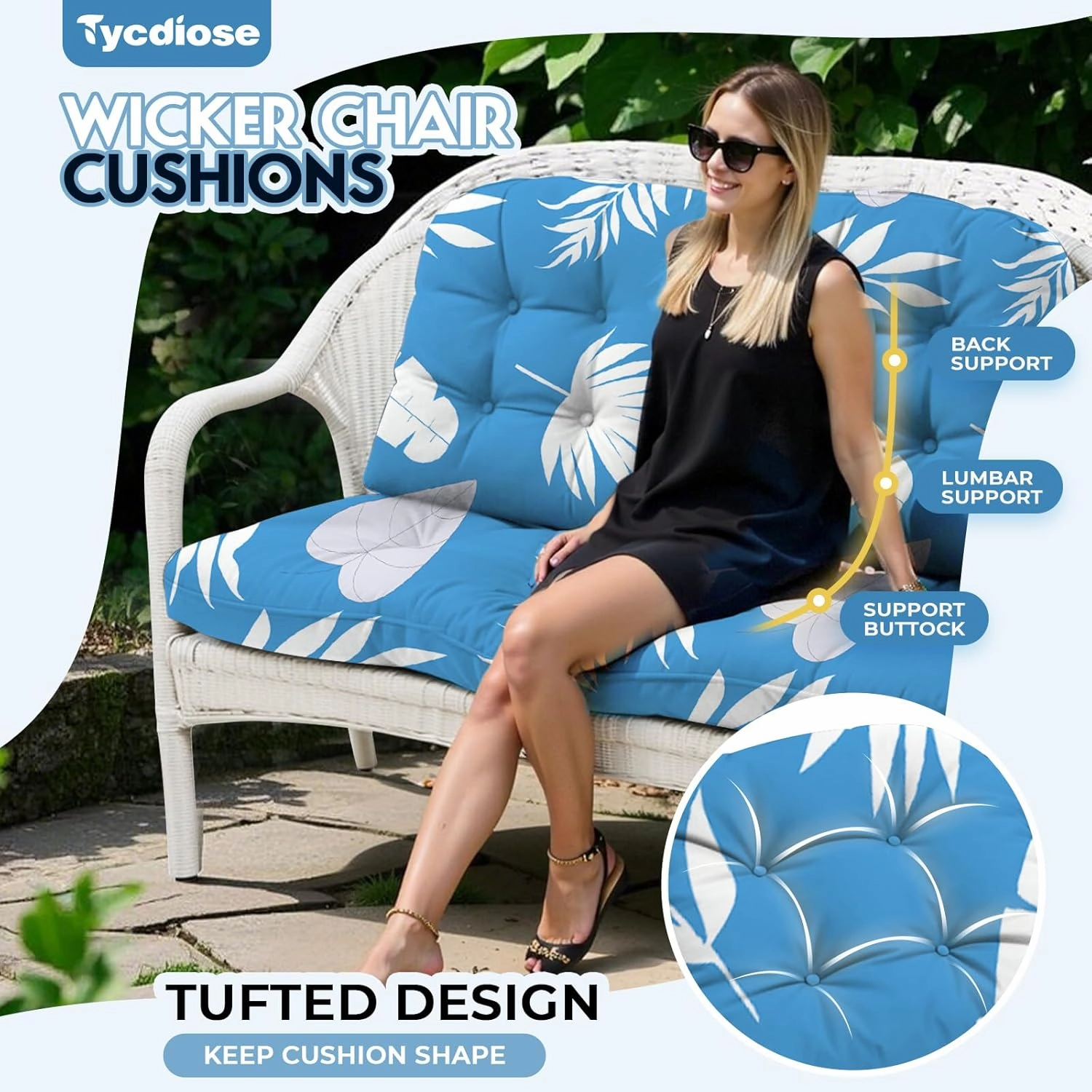 All Weather Wicker Chair Cushions of 3 Pieces, Waterproof Outdoor Wicker Chair Cushion for Patio Furniture Loveseat Settee Bench, 1 Loveseat and 2 U-Shaped Thickened Cushions, Blue Leaf