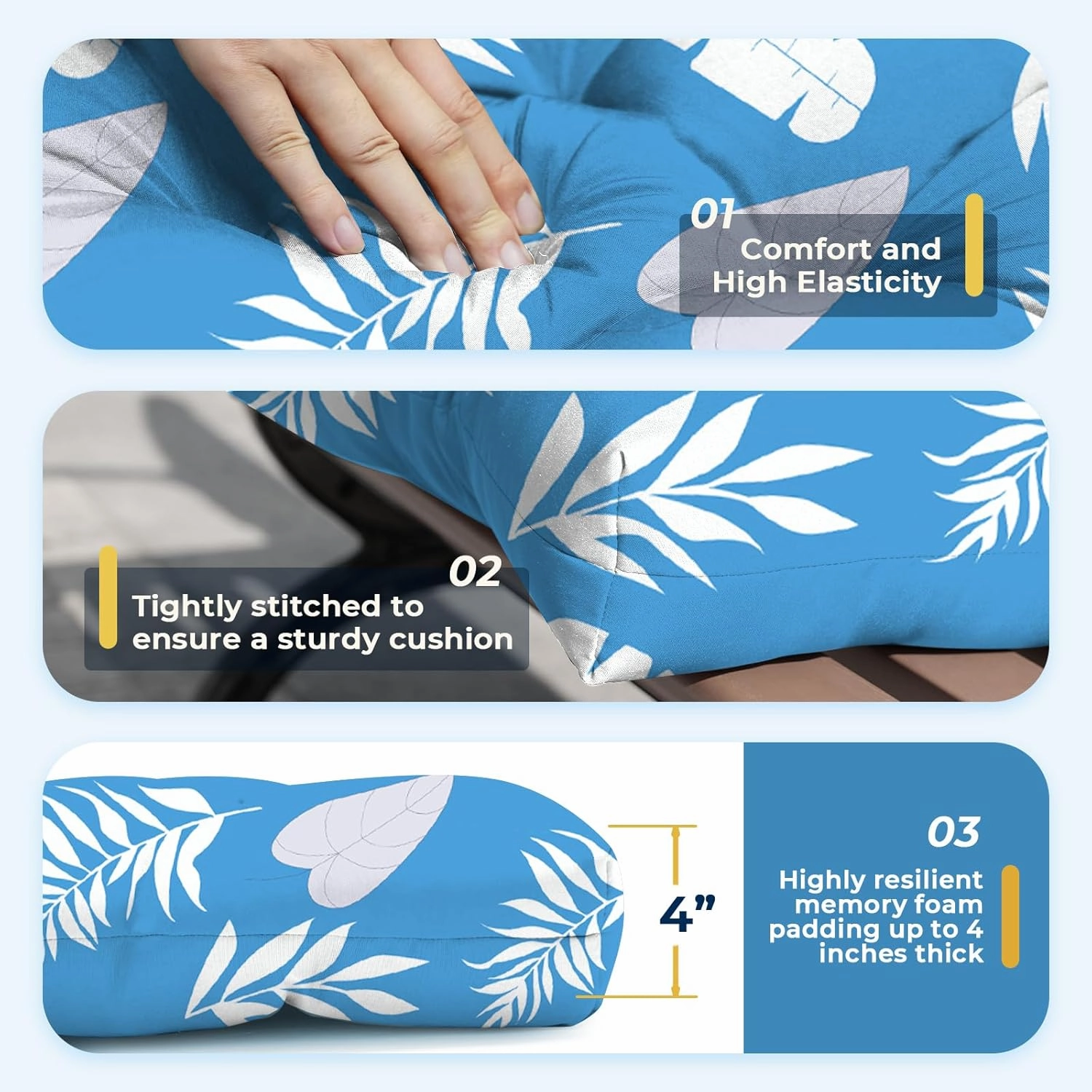 All Weather Wicker Chair Cushions of 3 Pieces, Waterproof Outdoor Wicker Chair Cushion for Patio Furniture Loveseat Settee Bench, 1 Loveseat and 2 U-Shaped Thickened Cushions, Blue Leaf