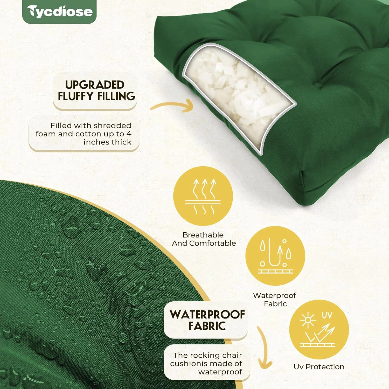 All Weather Wicker Chair Cushions of 3 Pieces, Waterproof Outdoor Wicker Chair Cushion for Patio Furniture Loveseat Settee Bench, 1 Loveseat and 2 U-Shaped Thickened Cushions, Green