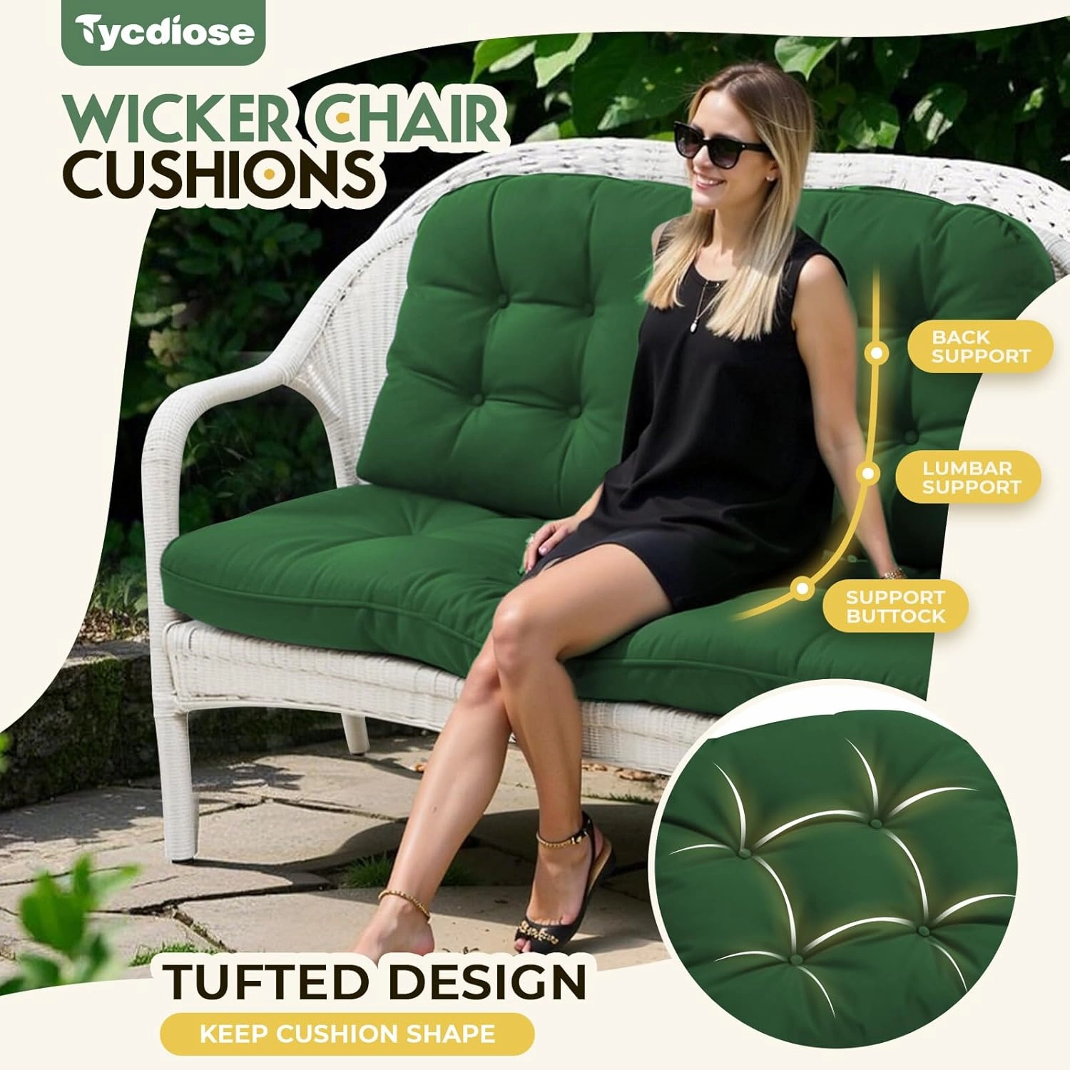 All Weather Wicker Chair Cushions of 3 Pieces, Waterproof Outdoor Wicker Chair Cushion for Patio Furniture Loveseat Settee Bench, 1 Loveseat and 2 U-Shaped Thickened Cushions, Green