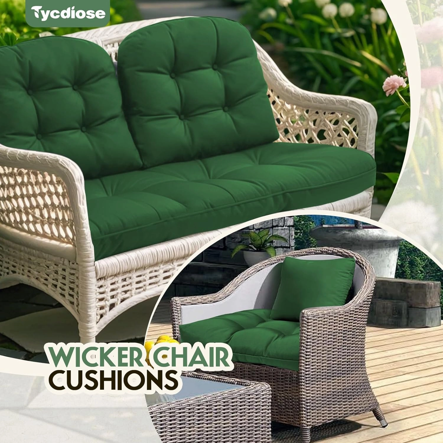 All Weather Wicker Chair Cushions of 3 Pieces, Waterproof Outdoor Wicker Chair Cushion for Patio Furniture Loveseat Settee Bench, 1 Loveseat and 2 U-Shaped Thickened Cushions, Green