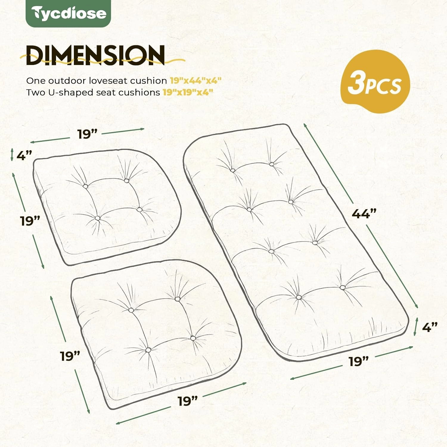 All Weather Wicker Chair Cushions of 3 Pieces, Waterproof Outdoor Wicker Chair Cushion for Patio Furniture Loveseat Settee Bench, 1 Loveseat and 2 U-Shaped Thickened Cushions, Green