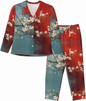 almond blossom XX-Large Long-sleeved women's pajamas and home wear sets (Sizes S-XXL) Black