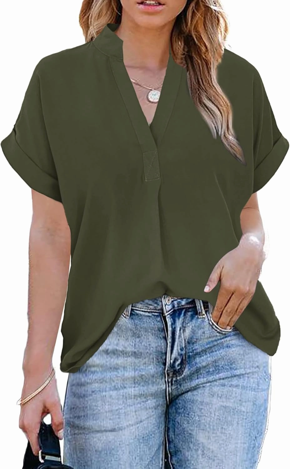 ANCAPELION Women’s Summer Chiffon Blouse Casual Short Sleeve V Neck Shirt Loose Printed Cuffed Sleeve Tunic Tops for Women