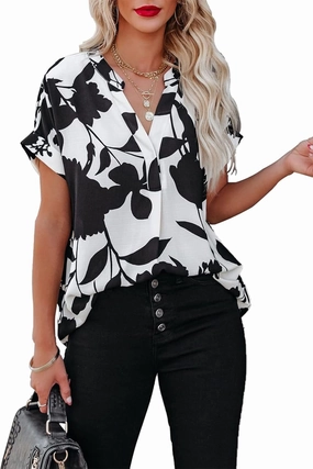 ANCAPELION Women’s Summer Chiffon Blouse Casual Short Sleeve V Neck Shirt Loose Printed Cuffed Sleeve Tunic Tops for Women