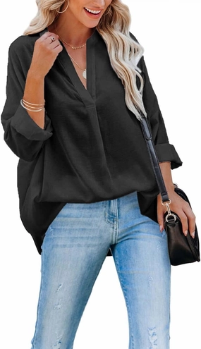 ANCAPELION Women’s Summer Chiffon Blouse Casual Short Sleeve V Neck Shirt Loose Printed Cuffed Sleeve Tunic Tops for Women