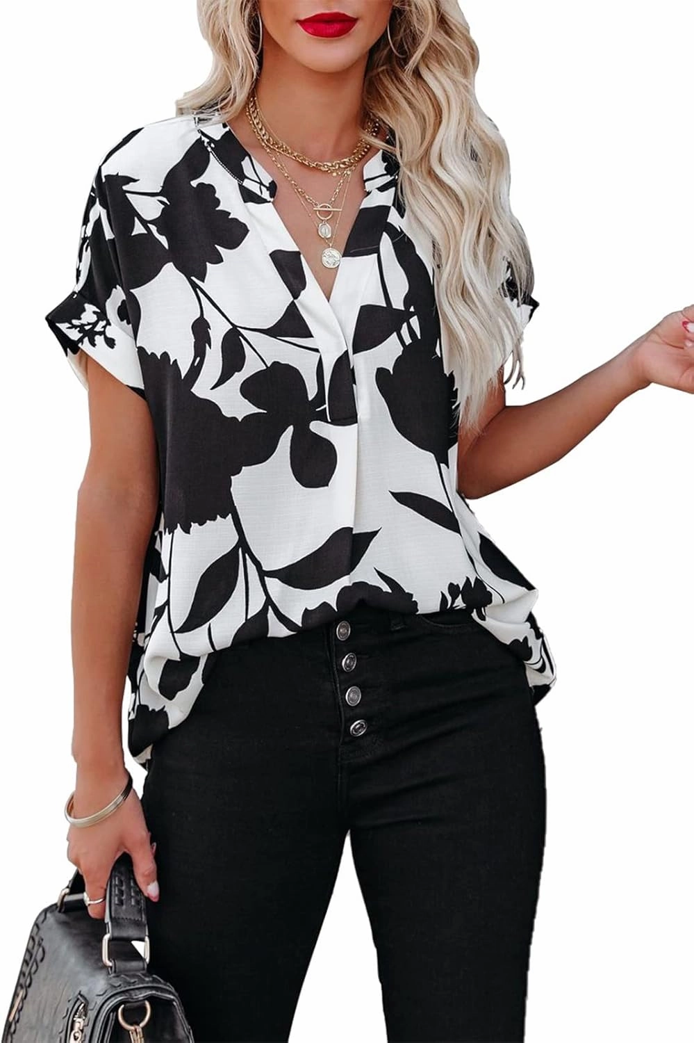 ANCAPELION Women’s Summer Chiffon Blouse Casual Short Sleeve V Neck Shirt Loose Printed Cuffed Sleeve Tunic Tops for Women