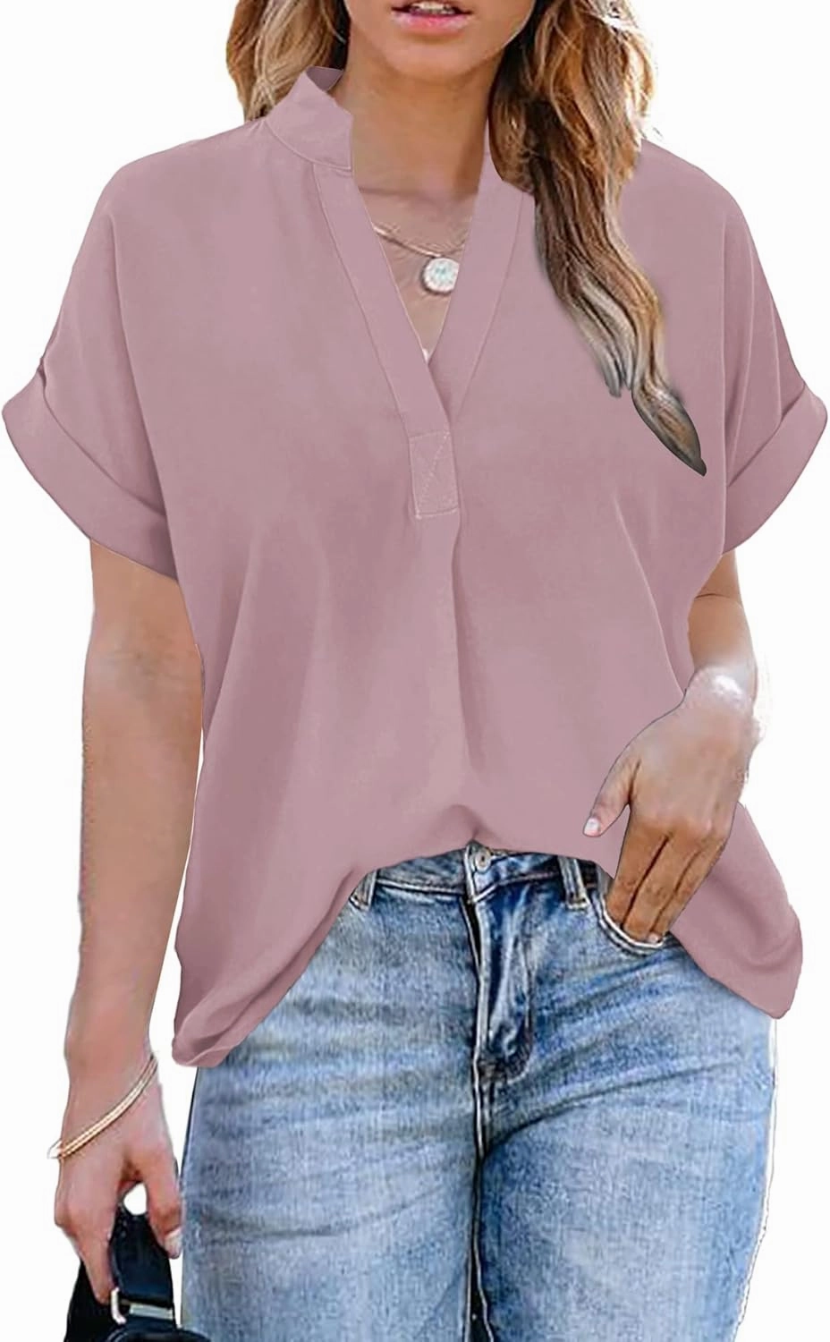 ANCAPELION Women’s Summer Chiffon Blouse Casual Short Sleeve V Neck Shirt Loose Printed Cuffed Sleeve Tunic Tops for Women