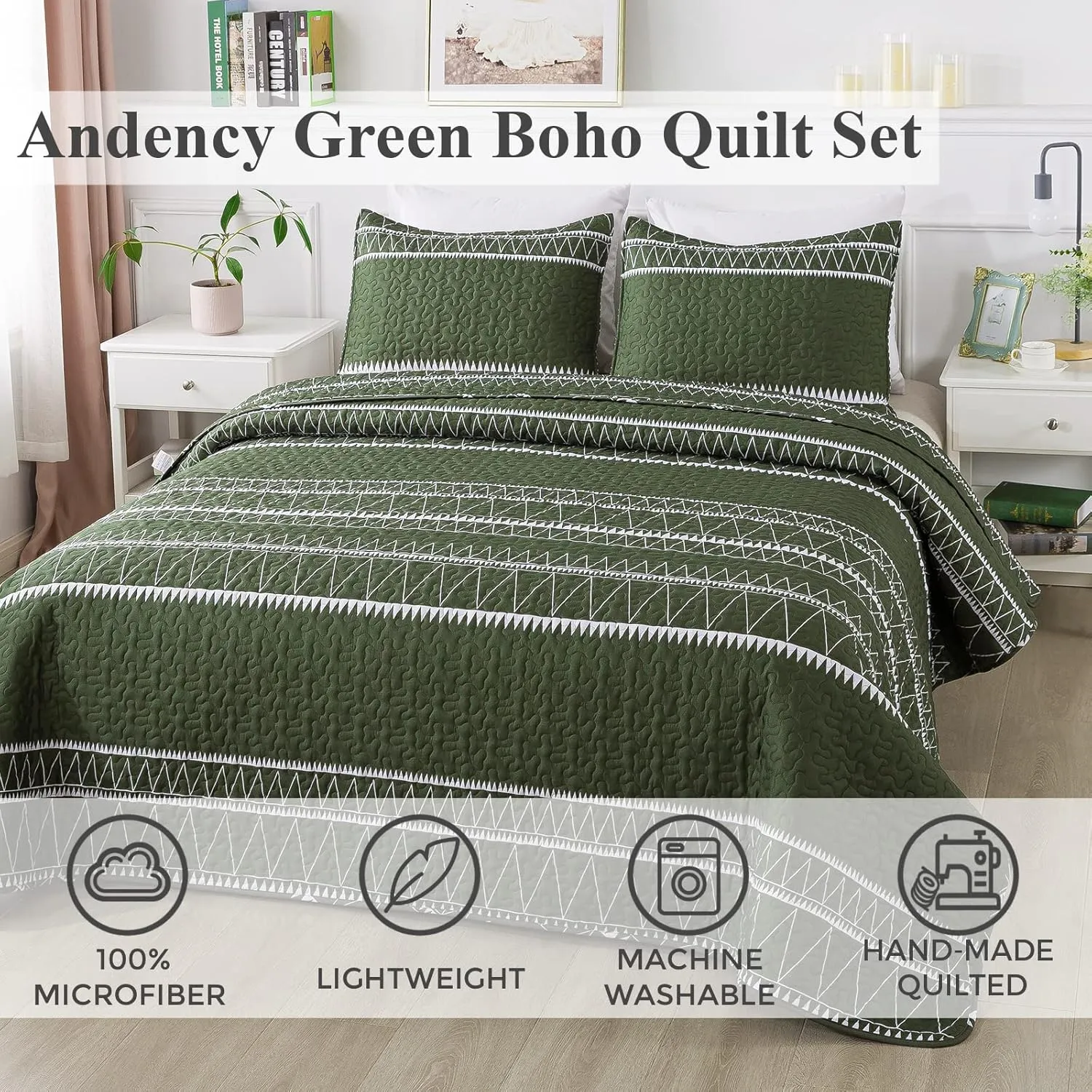 Andency Green Quilt Set King (106x96 Inch), 3 Pieces(1 Striped Triangle Printed Quilt and 2 Pillowcases), Bohemian Summer Lightweight Reversible Microfiber Bedspread Coverlet Sets
