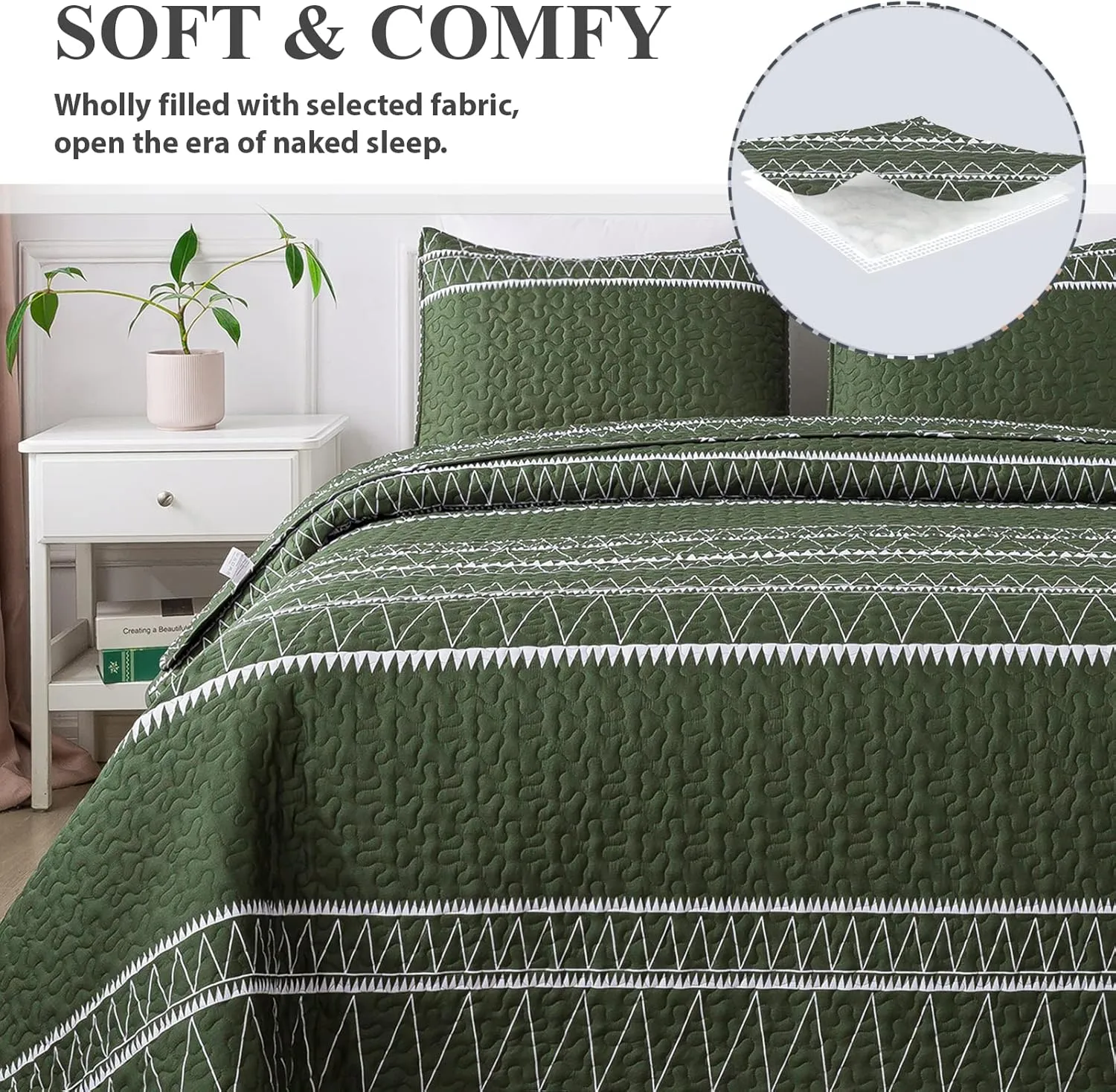 Andency Green Quilt Set King (106x96 Inch), 3 Pieces(1 Striped Triangle Printed Quilt and 2 Pillowcases), Bohemian Summer Lightweight Reversible Microfiber Bedspread Coverlet Sets