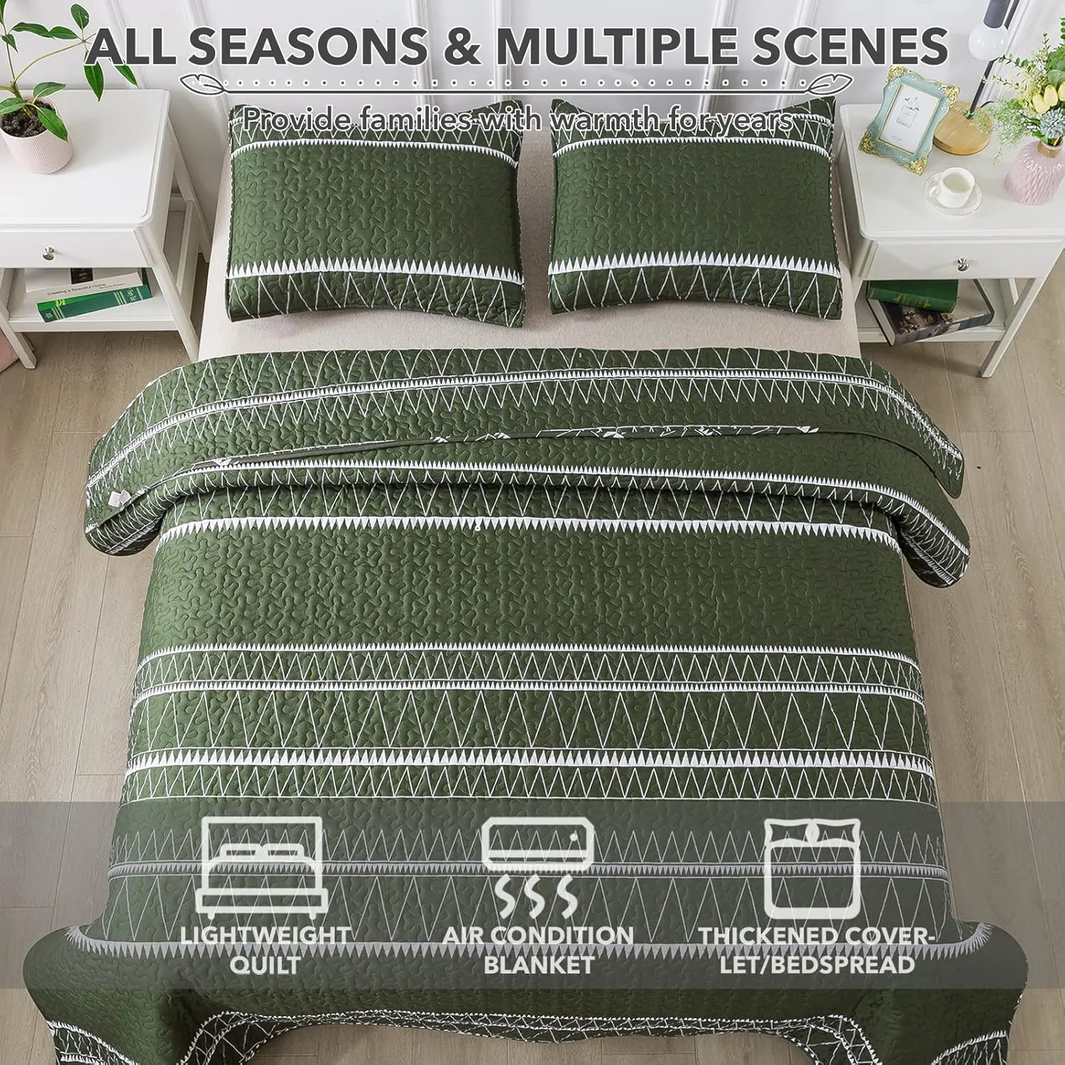 Andency Green Quilt Set King (106x96 Inch), 3 Pieces(1 Striped Triangle Printed Quilt and 2 Pillowcases), Bohemian Summer Lightweight Reversible Microfiber Bedspread Coverlet Sets