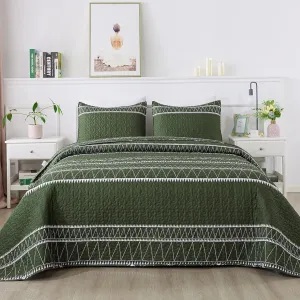 Andency Green Quilt Set King (106x96 Inch), 3 Pieces(1 Striped Triangle Printed Quilt and 2 Pillowcases), Bohemian Summer Lightweight Reversible Microfiber Bedspread Coverlet Sets