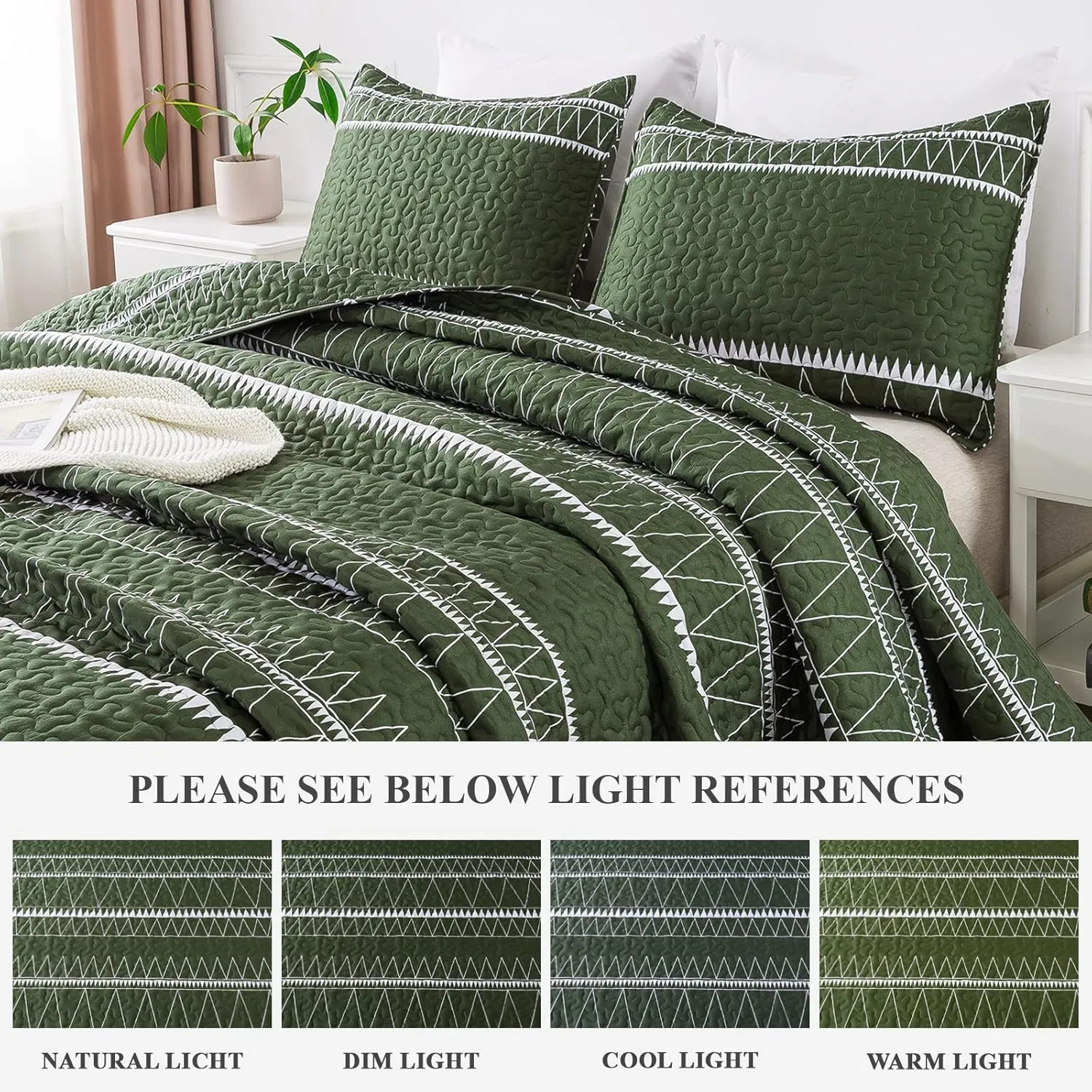 Andency Green Quilt Set King (106x96 Inch), 3 Pieces(1 Striped Triangle Printed Quilt and 2 Pillowcases), Bohemian Summer Lightweight Reversible Microfiber Bedspread Coverlet Sets