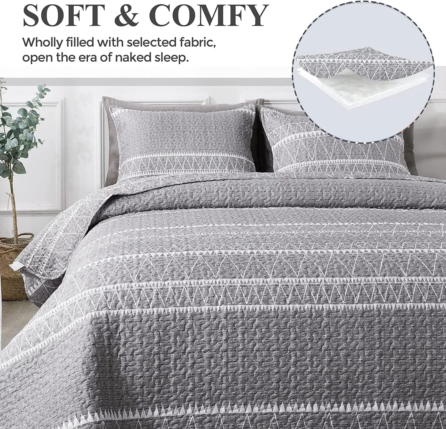 Andency Quilt King Size Set Grey (106x96 Inch), 3 Pieces(1 Striped Boho Printed Quilt and 2 Pillowcases), Bohemian Summer Lightweight Reversible Microfiber Bedspread Coverlet Sets