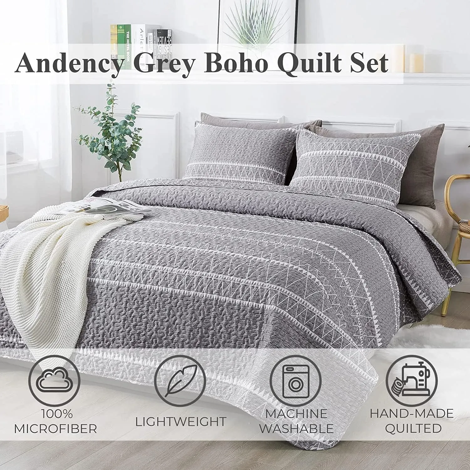 Andency Quilt King Size Set Grey (106x96 Inch), 3 Pieces(1 Striped Boho Printed Quilt and 2 Pillowcases), Bohemian Summer Lightweight Reversible Microfiber Bedspread Coverlet Sets