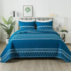 Andency Teal Quilt Set Queen (90x96 Inch), 3 Pieces(1 Striped Triangle Printed Quilt and 2 Pillowcases), Bohemian Summer Lightweight Reversible Microfiber Bedspread Coverlet Sets
