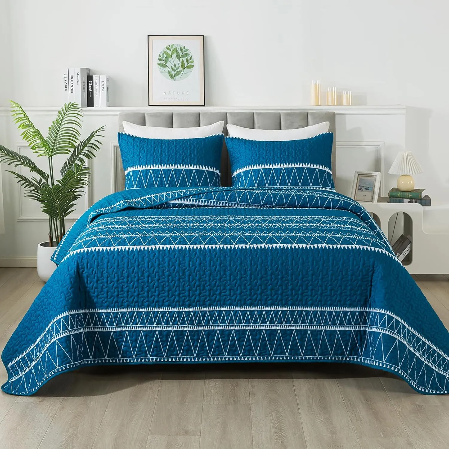Andency Teal Quilt Set Queen (90x96 Inch), 3 Pieces(1 Striped Triangle Printed Quilt and 2 Pillowcases), Bohemian Summer Lightweight Reversible Microfiber Bedspread Coverlet Sets