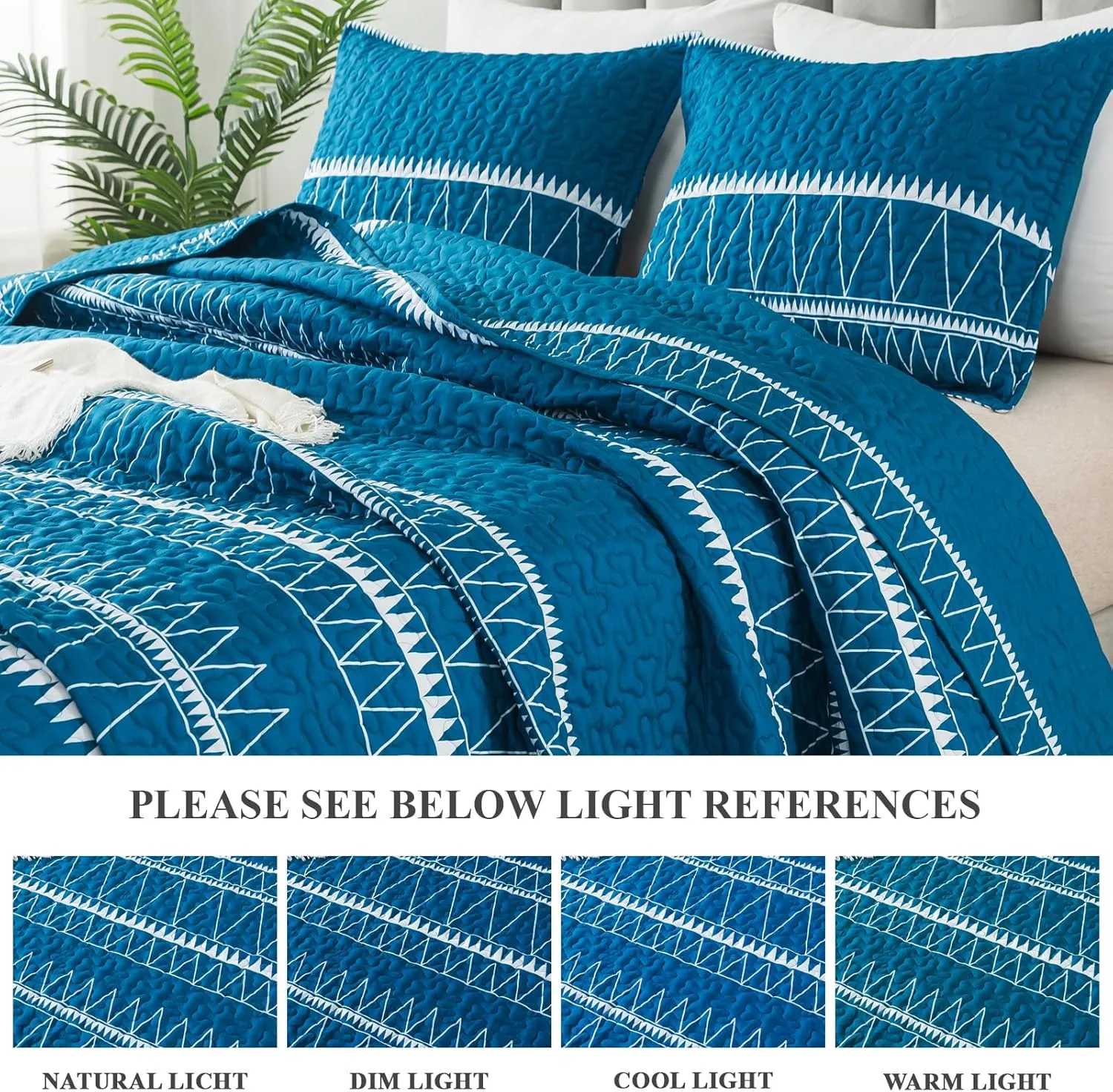 Andency Teal Quilt Set Queen (90x96 Inch), 3 Pieces(1 Striped Triangle Printed Quilt and 2 Pillowcases), Bohemian Summer Lightweight Reversible Microfiber Bedspread Coverlet Sets