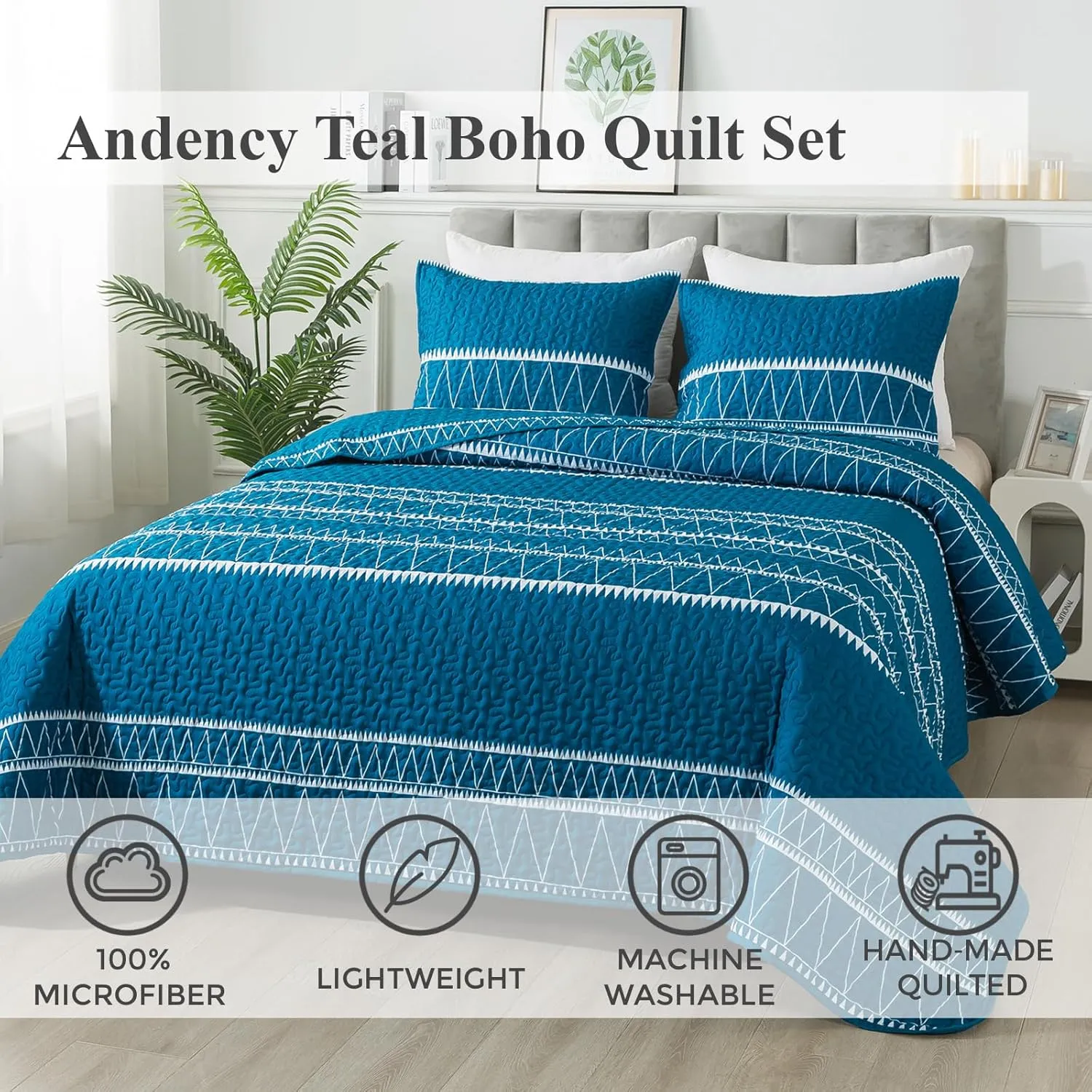 Andency Teal Quilt Set Twin (68x86 Inch), 2 Pieces(1 Striped Triangle Printed Quilt and 1 Pillowcase), Bohemian Summer Lightweight Reversible Microfiber Bedspread Coverlet Sets