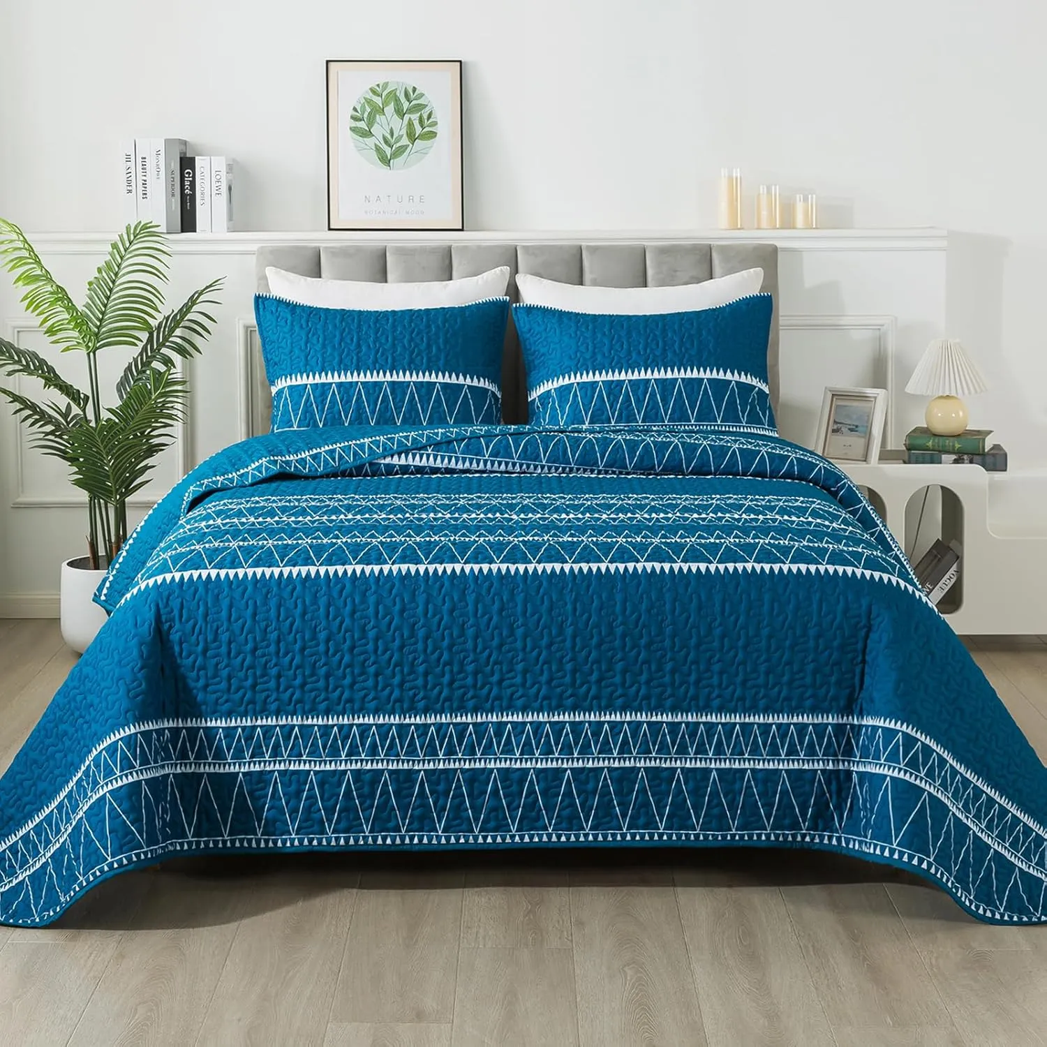 Andency Teal Quilt Set Twin (68x86 Inch), 2 Pieces(1 Striped Triangle Printed Quilt and 1 Pillowcase), Bohemian Summer Lightweight Reversible Microfiber Bedspread Coverlet Sets