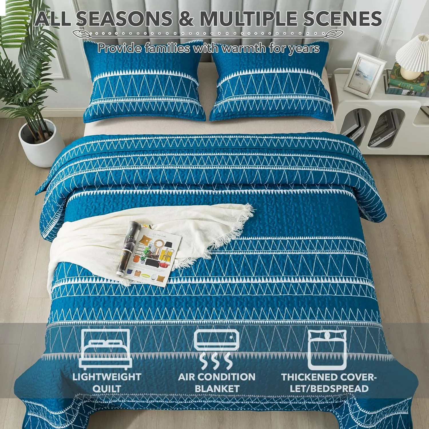 Andency Teal Quilt Set Twin (68x86 Inch), 2 Pieces(1 Striped Triangle Printed Quilt and 1 Pillowcase), Bohemian Summer Lightweight Reversible Microfiber Bedspread Coverlet Sets
