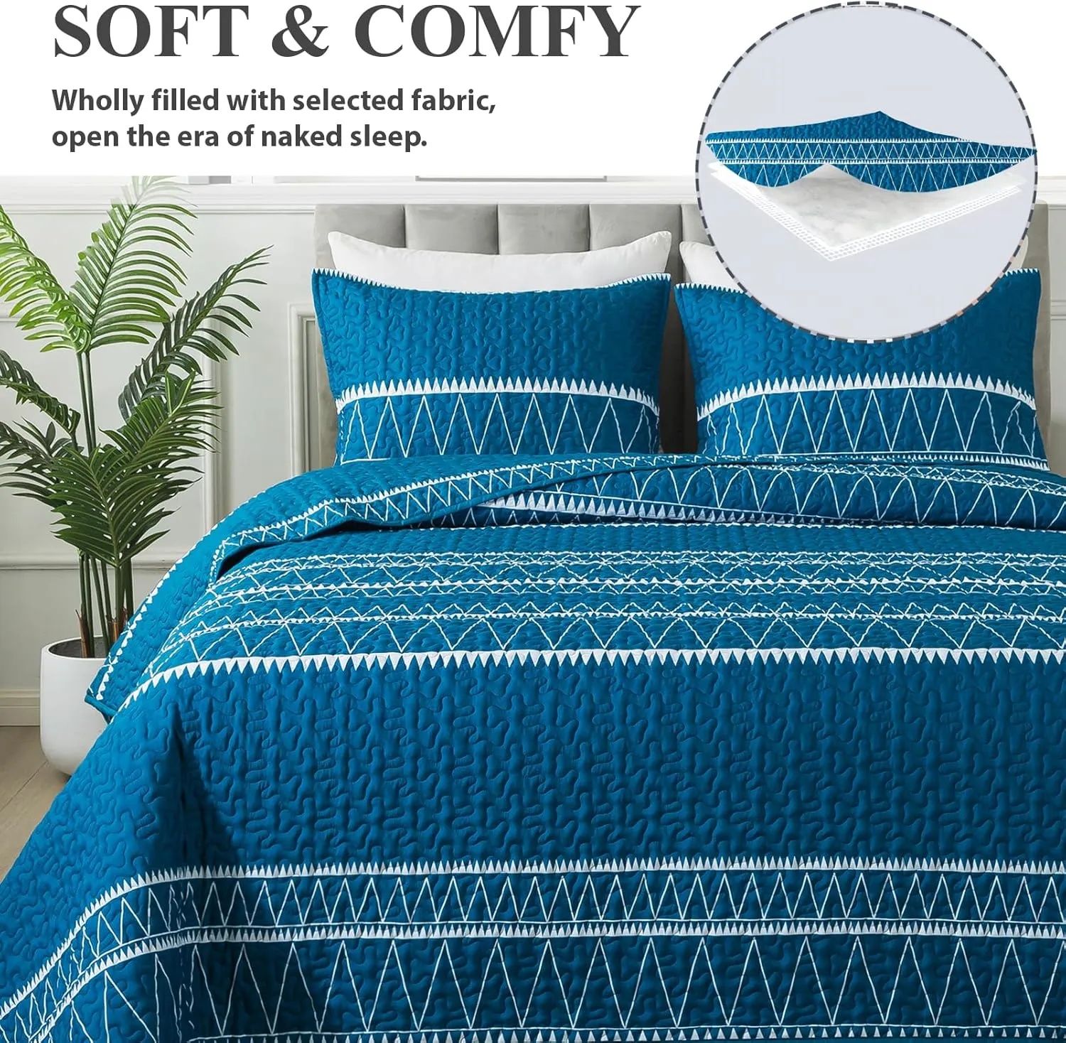Andency Teal Quilt Set Twin (68x86 Inch), 2 Pieces(1 Striped Triangle Printed Quilt and 1 Pillowcase), Bohemian Summer Lightweight Reversible Microfiber Bedspread Coverlet Sets