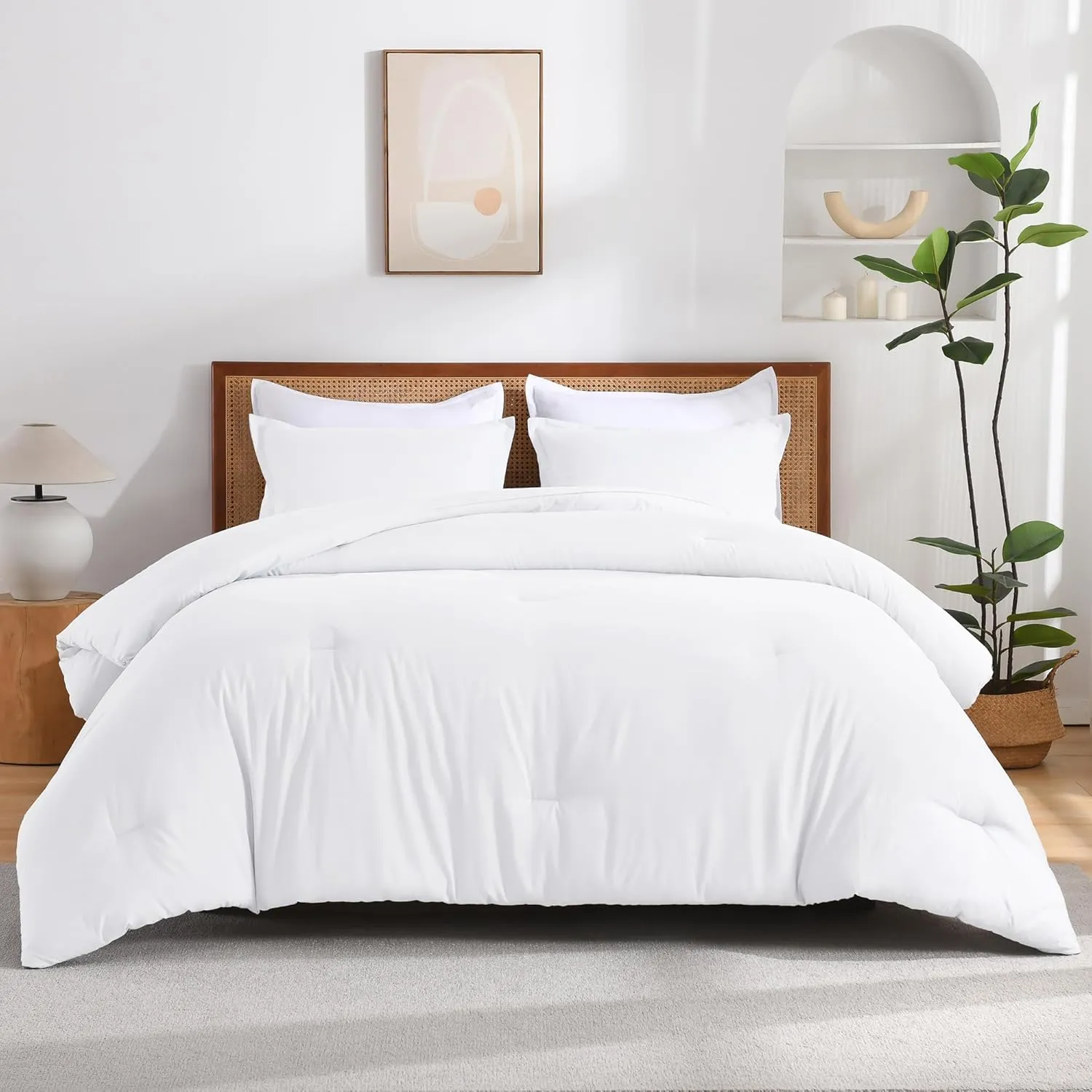 Andency White King Size Comforter Set, 3 Pieces Boho Solid Bedding Comforters & Sets for Women Men, Soft Lightweight Fluffy All Season Down Alternative Bed Blanket Quilt Set