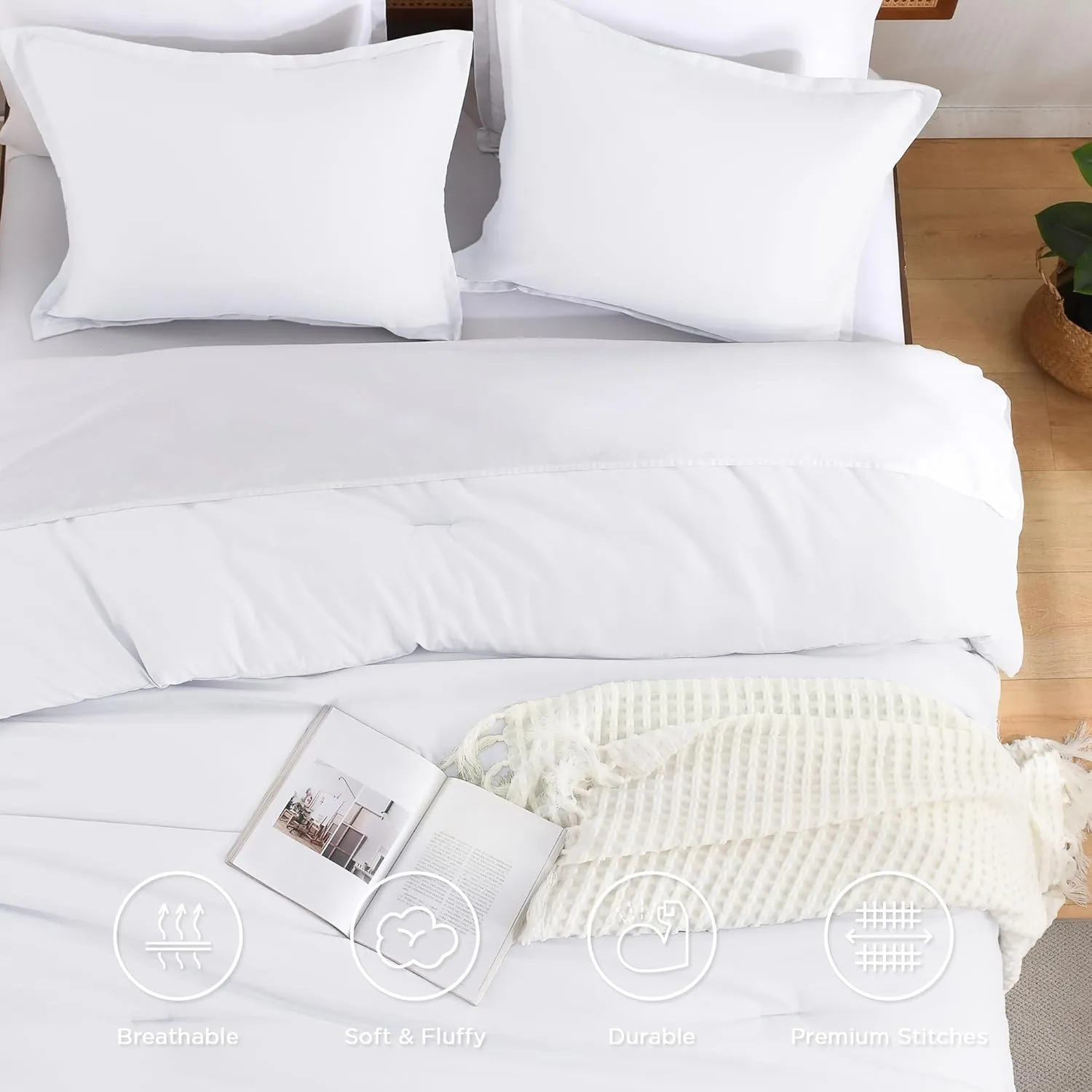 Andency White King Size Comforter Set, 3 Pieces Boho Solid Bedding Comforters & Sets for Women Men, Soft Lightweight Fluffy All Season Down Alternative Bed Blanket Quilt Set