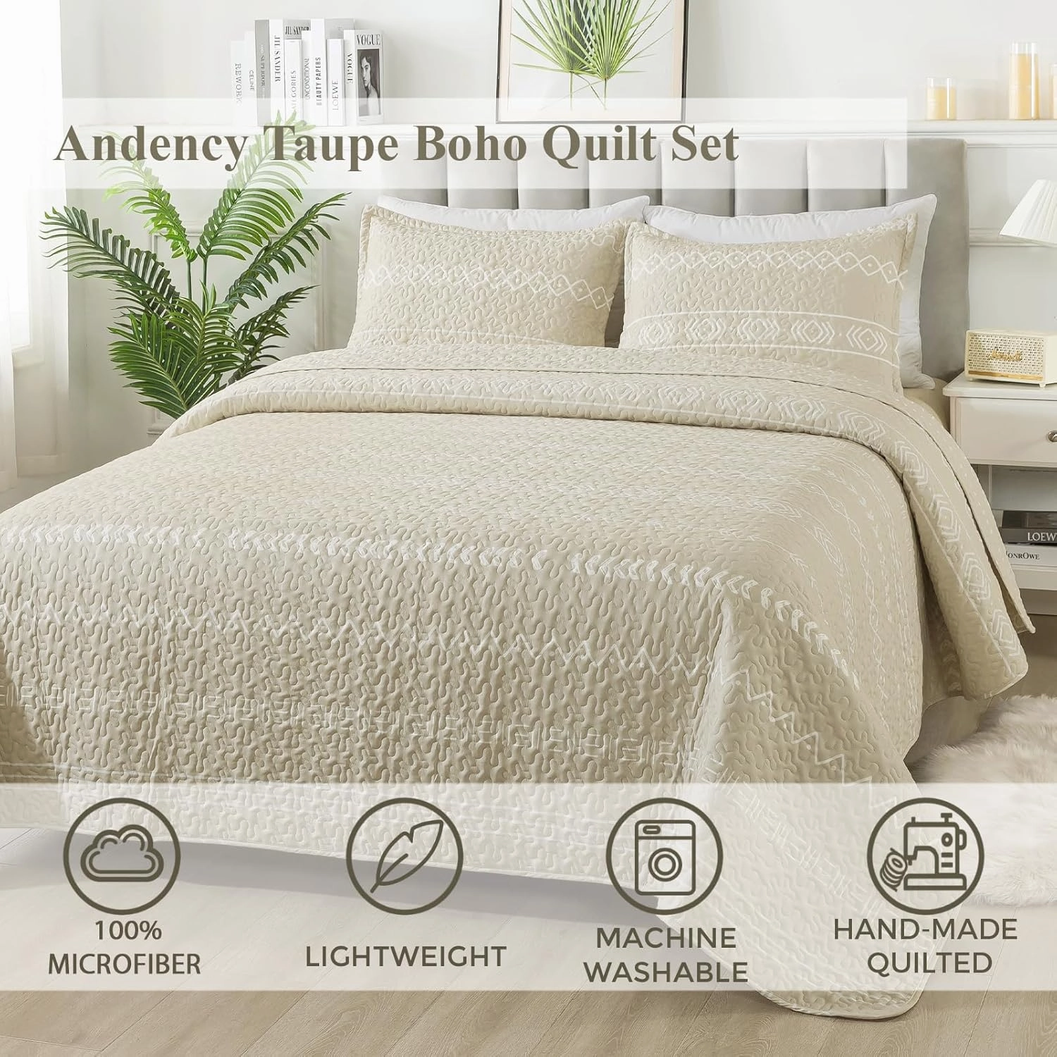 Andency Beige Quilt Set Queen (90x96 Inch), 3 Pieces(1 Striped Triangle Printed Quilt and 2 Pillowcases), Bohemian Summer Lightweight Reversible Microfiber Bedspread Coverlet Sets
