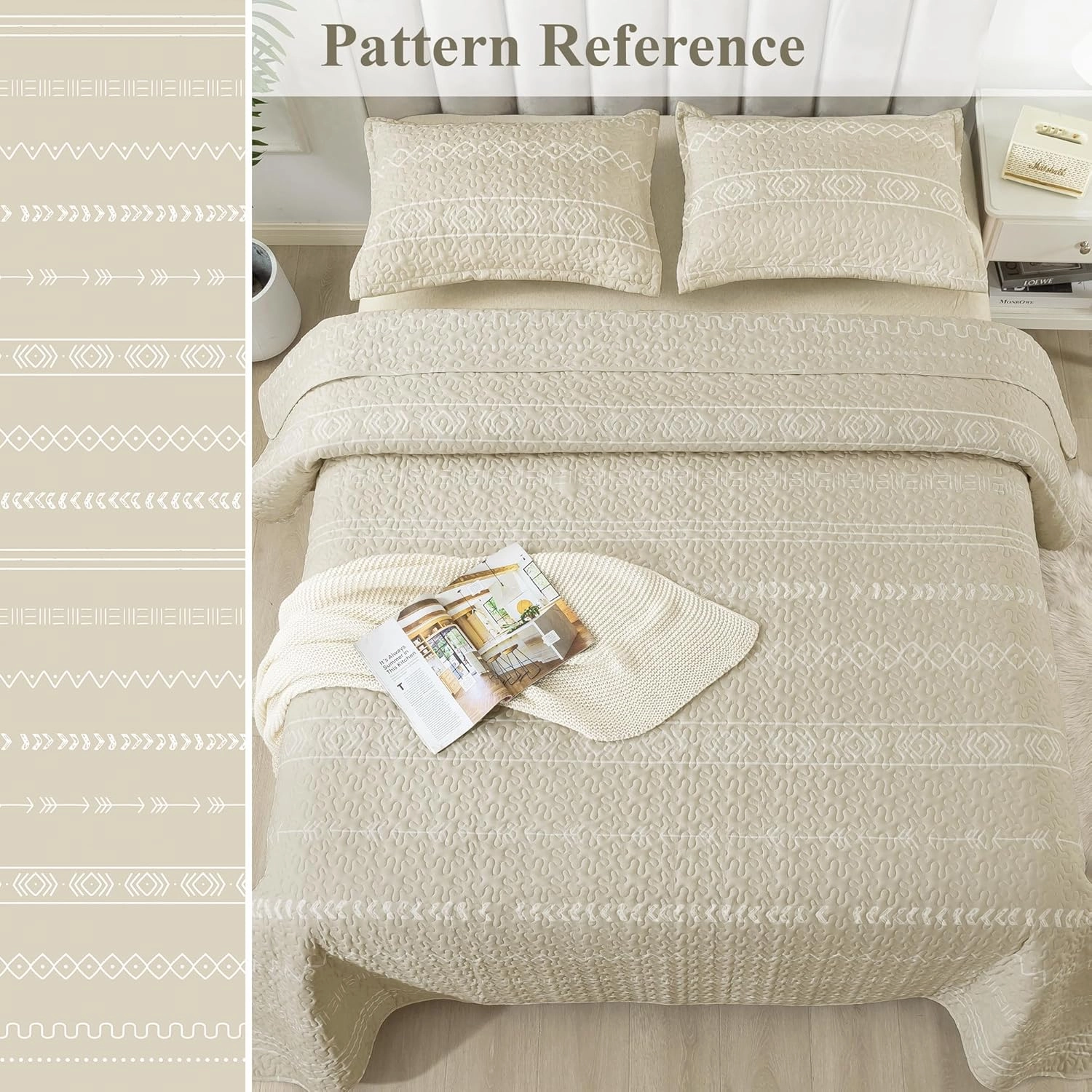 Andency Beige Quilt Set Queen (90x96 Inch), 3 Pieces(1 Striped Triangle Printed Quilt and 2 Pillowcases), Bohemian Summer Lightweight Reversible Microfiber Bedspread Coverlet Sets