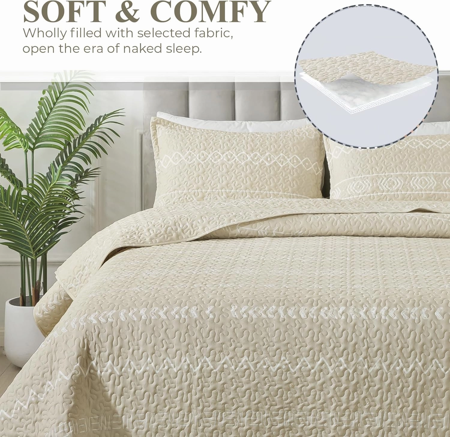 Andency Beige Quilt Set Queen (90x96 Inch), 3 Pieces(1 Striped Triangle Printed Quilt and 2 Pillowcases), Bohemian Summer Lightweight Reversible Microfiber Bedspread Coverlet Sets
