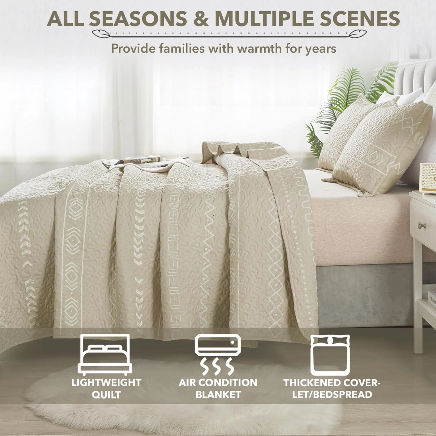 Andency Beige Quilt Set Queen (90x96 Inch), 3 Pieces(1 Striped Triangle Printed Quilt and 2 Pillowcases), Bohemian Summer Lightweight Reversible Microfiber Bedspread Coverlet Sets