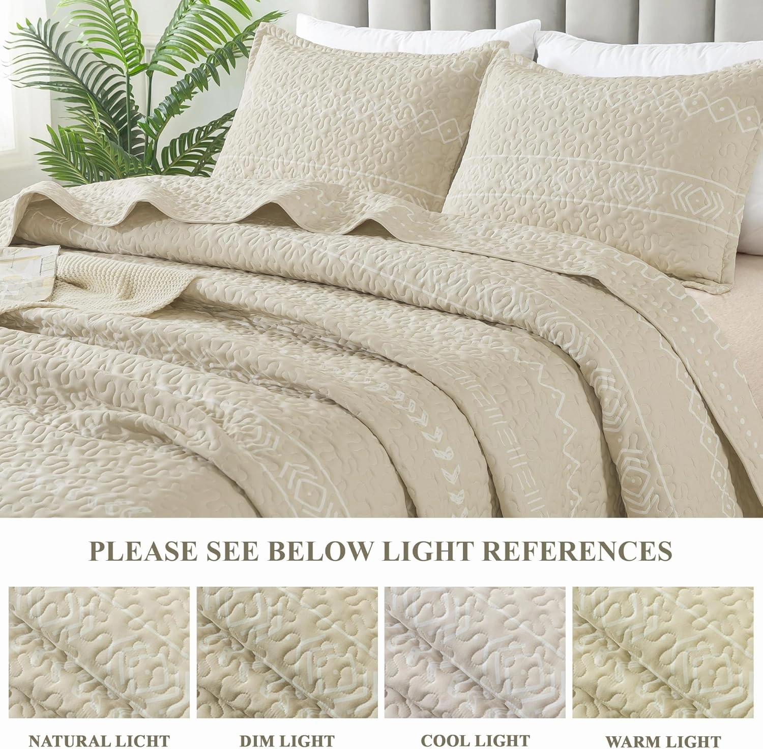 Andency Beige Quilt Set Queen (90x96 Inch), 3 Pieces(1 Striped Triangle Printed Quilt and 2 Pillowcases), Bohemian Summer Lightweight Reversible Microfiber Bedspread Coverlet Sets