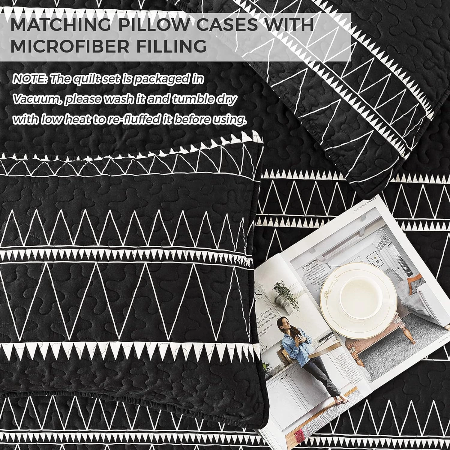 Andency Black Quilt Set King (106x96 Inch), 3 Pieces(1 Striped Triangle Printed Quilt and 2 Pillowcases), Bohemian Summer Lightweight Reversible Microfiber Bedspread Coverlet Sets