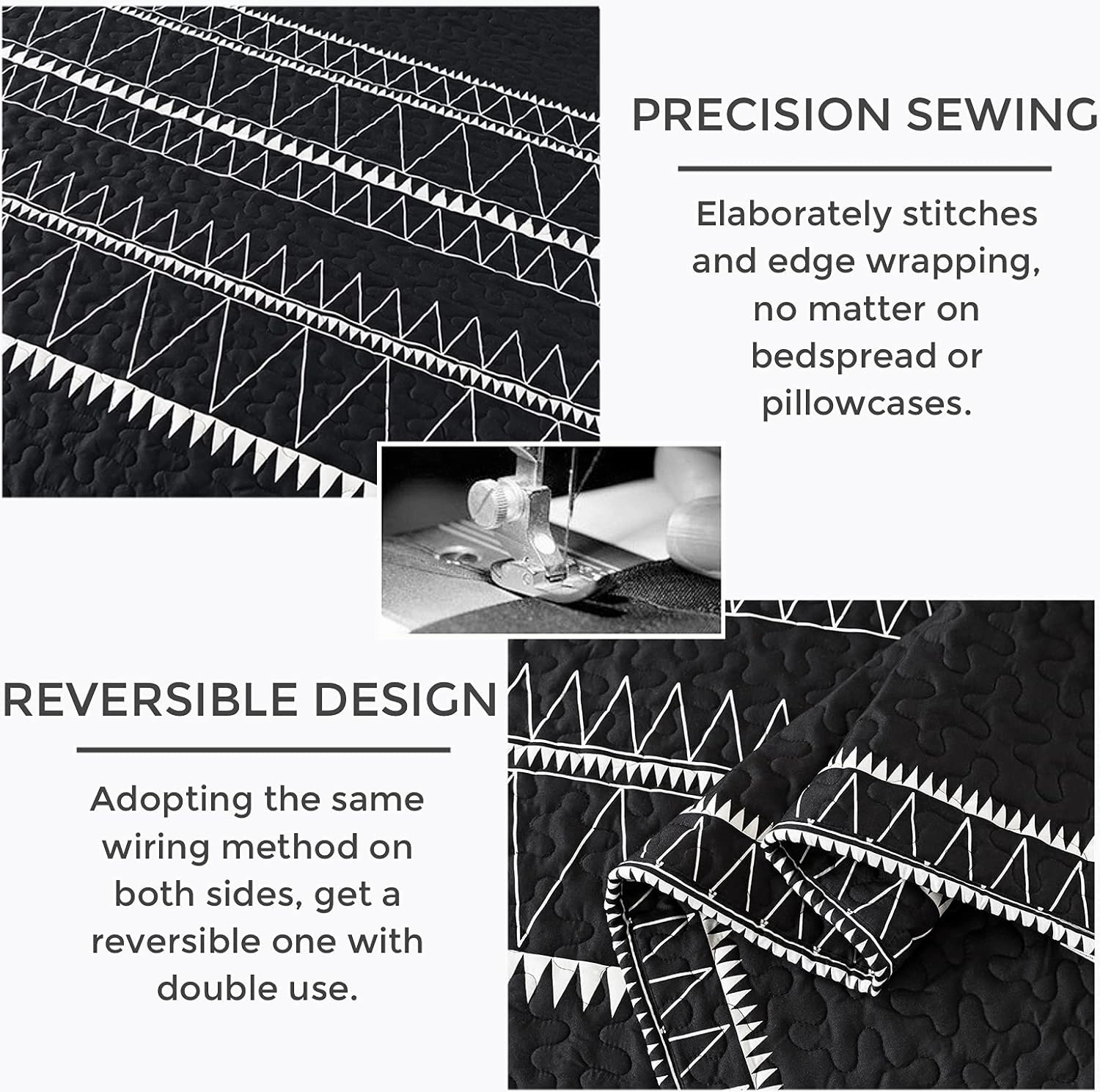 Andency Black Quilt Set King (106x96 Inch), 3 Pieces(1 Striped Triangle Printed Quilt and 2 Pillowcases), Bohemian Summer Lightweight Reversible Microfiber Bedspread Coverlet Sets