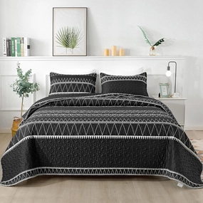 Andency Black Quilt Set King (106x96 Inch), 3 Pieces(1 Striped Triangle Printed Quilt and 2 Pillowcases), Bohemian Summer Lightweight Reversible Microfiber Bedspread Coverlet Sets
