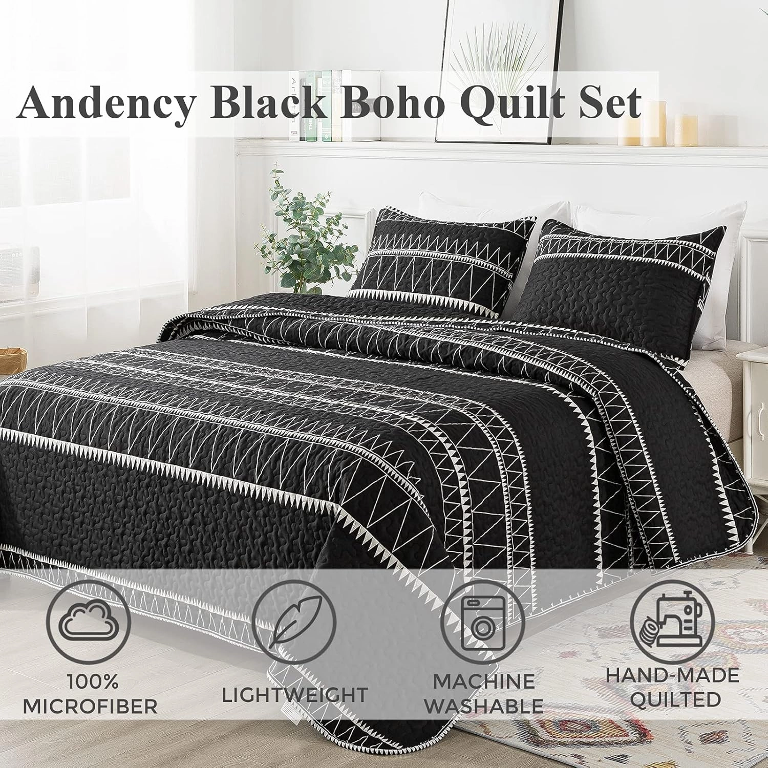 Andency Black Quilt Set King (106x96 Inch), 3 Pieces(1 Striped Triangle Printed Quilt and 2 Pillowcases), Bohemian Summer Lightweight Reversible Microfiber Bedspread Coverlet Sets