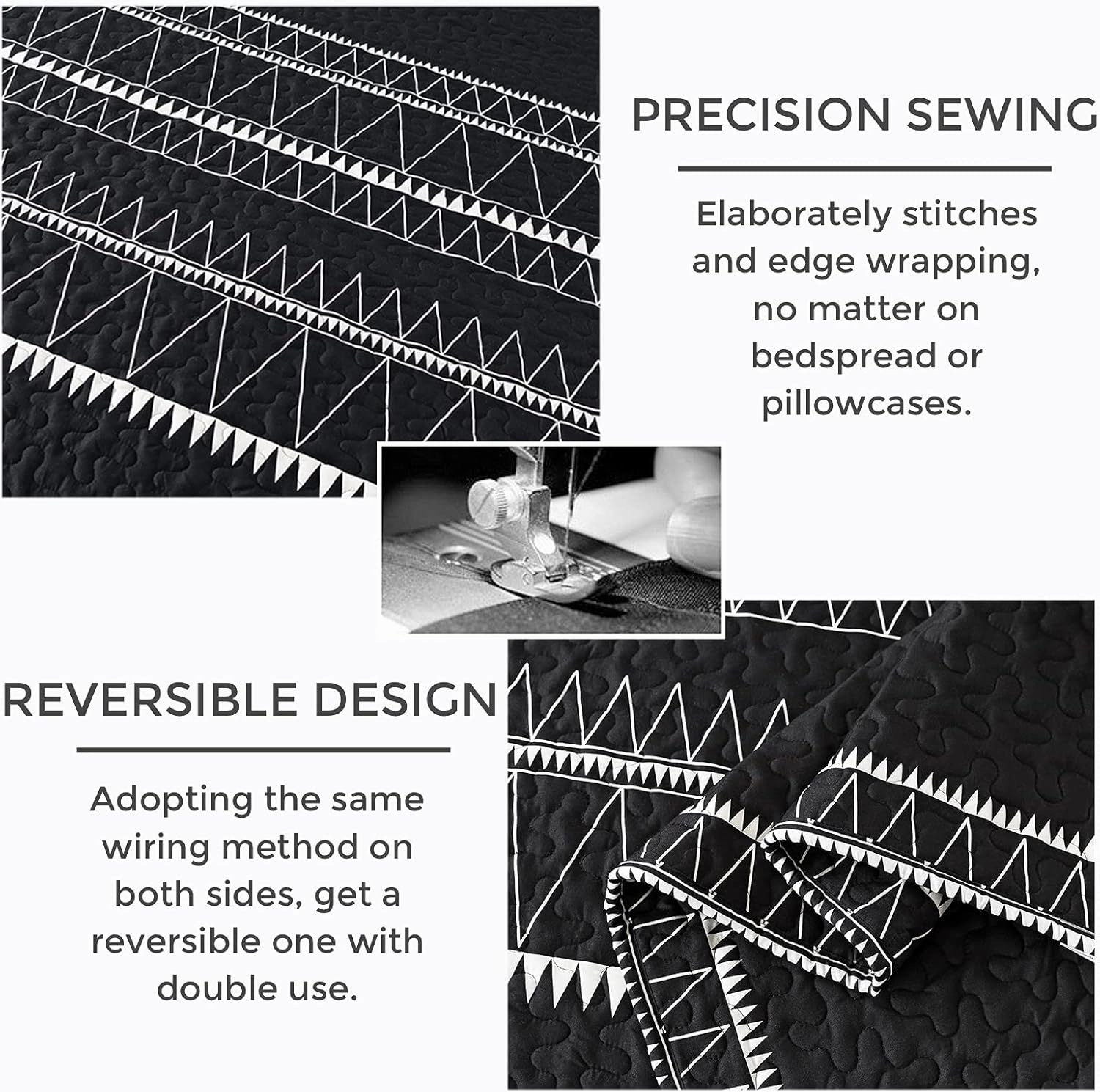 Andency Black Quilt Set Queen (90x96 Inch), 3 Pieces(1 Striped Triangle Printed Quilt and 2 Pillowcases), Bohemian Summer Lightweight Reversible Microfiber Bedspread Coverlet Sets