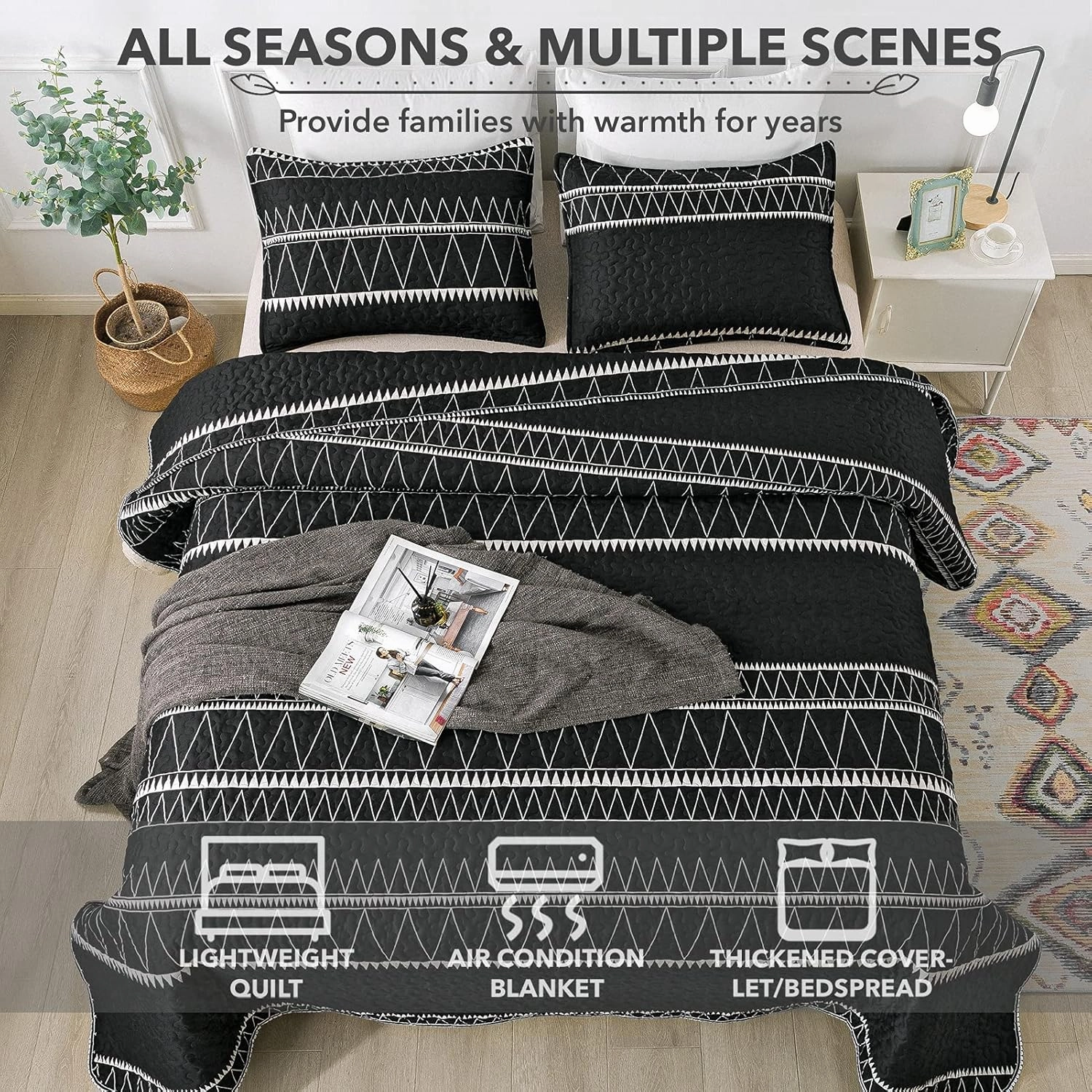 Andency Black Quilt Set Queen (90x96 Inch), 3 Pieces(1 Striped Triangle Printed Quilt and 2 Pillowcases), Bohemian Summer Lightweight Reversible Microfiber Bedspread Coverlet Sets