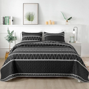 Andency Black Quilt Set Queen (90x96 Inch), 3 Pieces(1 Striped Triangle Printed Quilt and 2 Pillowcases), Bohemian Summer Lightweight Reversible Microfiber Bedspread Coverlet Sets