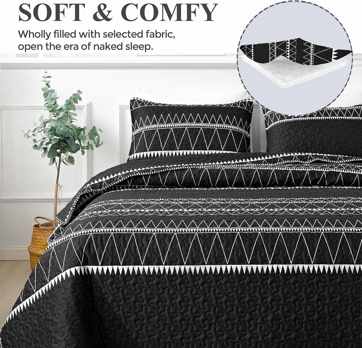 Andency Black Quilt Set Queen (90x96 Inch), 3 Pieces(1 Striped Triangle Printed Quilt and 2 Pillowcases), Bohemian Summer Lightweight Reversible Microfiber Bedspread Coverlet Sets