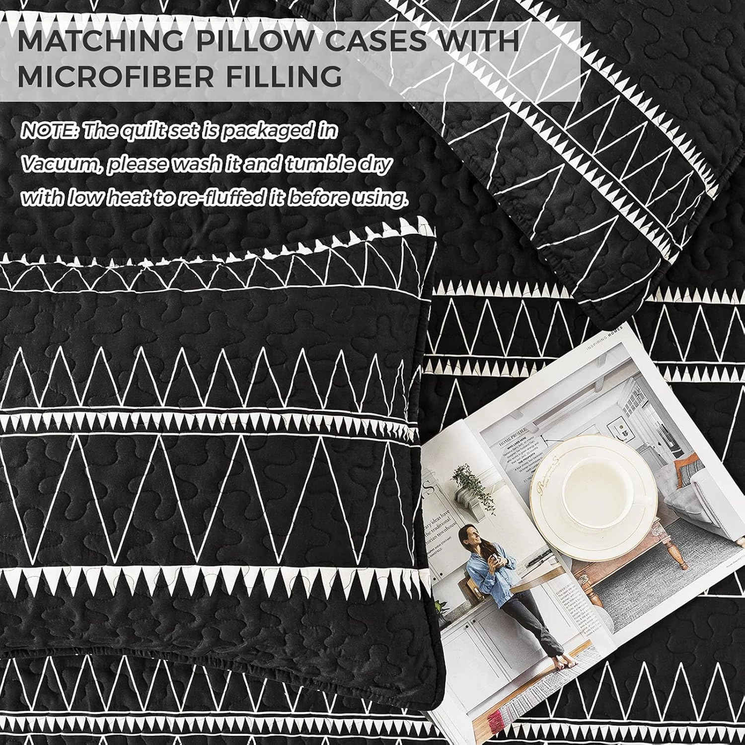 Andency Black Quilt Set Queen (90x96 Inch), 3 Pieces(1 Striped Triangle Printed Quilt and 2 Pillowcases), Bohemian Summer Lightweight Reversible Microfiber Bedspread Coverlet Sets
