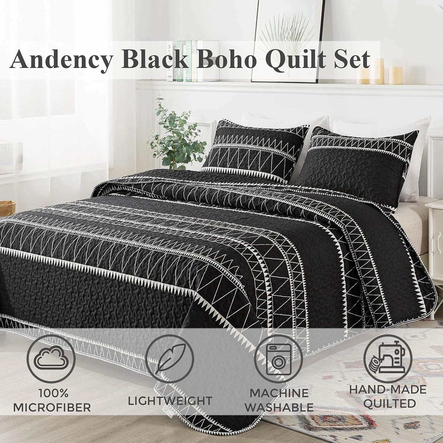 Andency Black Quilt Set Queen (90x96 Inch), 3 Pieces(1 Striped Triangle Printed Quilt and 2 Pillowcases), Bohemian Summer Lightweight Reversible Microfiber Bedspread Coverlet Sets