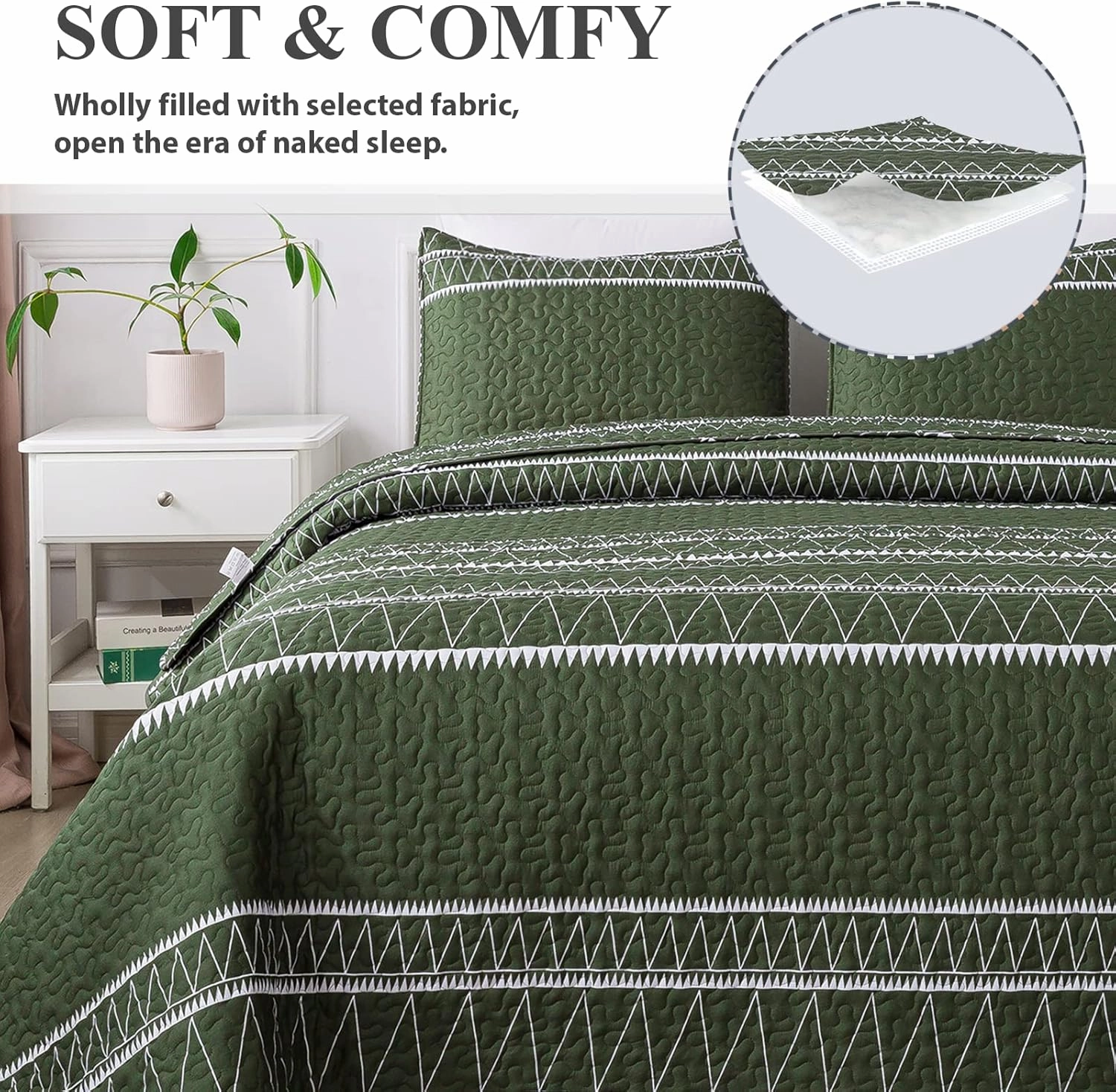 Andency Green Quilt Set Queen (90x96 Inch), 3 Pieces(1 Striped Triangle Printed Quilt and 2 Pillowcases), Bohemian Summer Lightweight Reversible Microfiber Bedspread Coverlet Sets