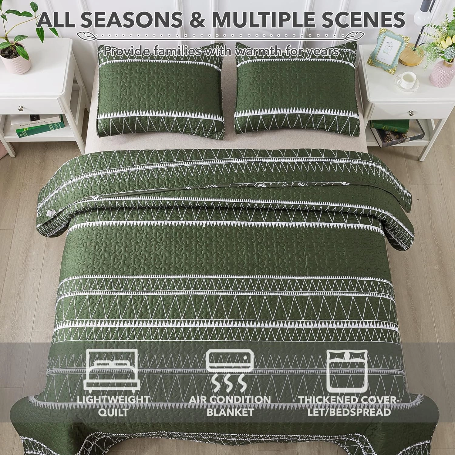 Andency Green Quilt Set Queen (90x96 Inch), 3 Pieces(1 Striped Triangle Printed Quilt and 2 Pillowcases), Bohemian Summer Lightweight Reversible Microfiber Bedspread Coverlet Sets